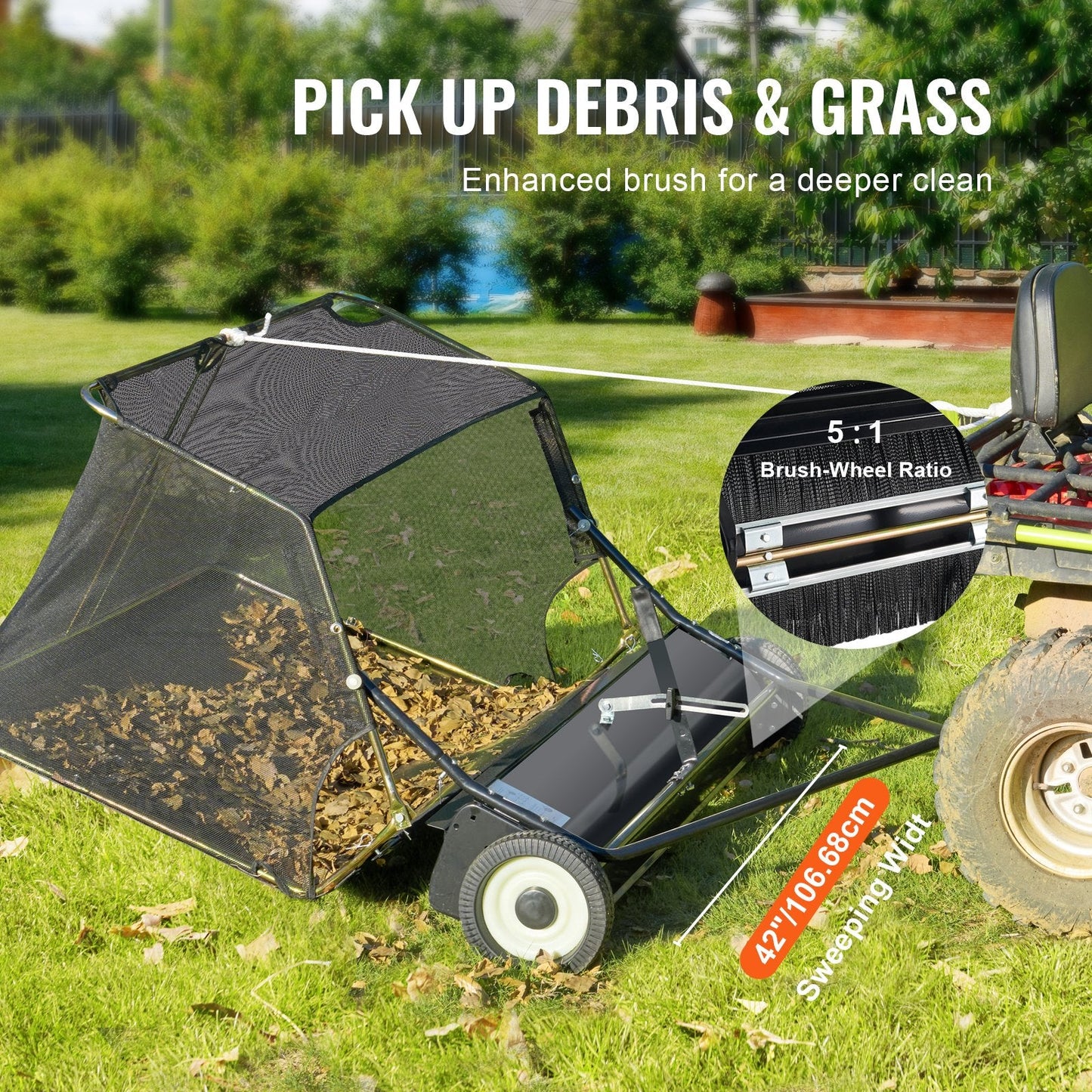 Tow-Behind Lawn Sweeper, 1.07m Wide, 12 cu.ft. Capacity, Adjustable Height
