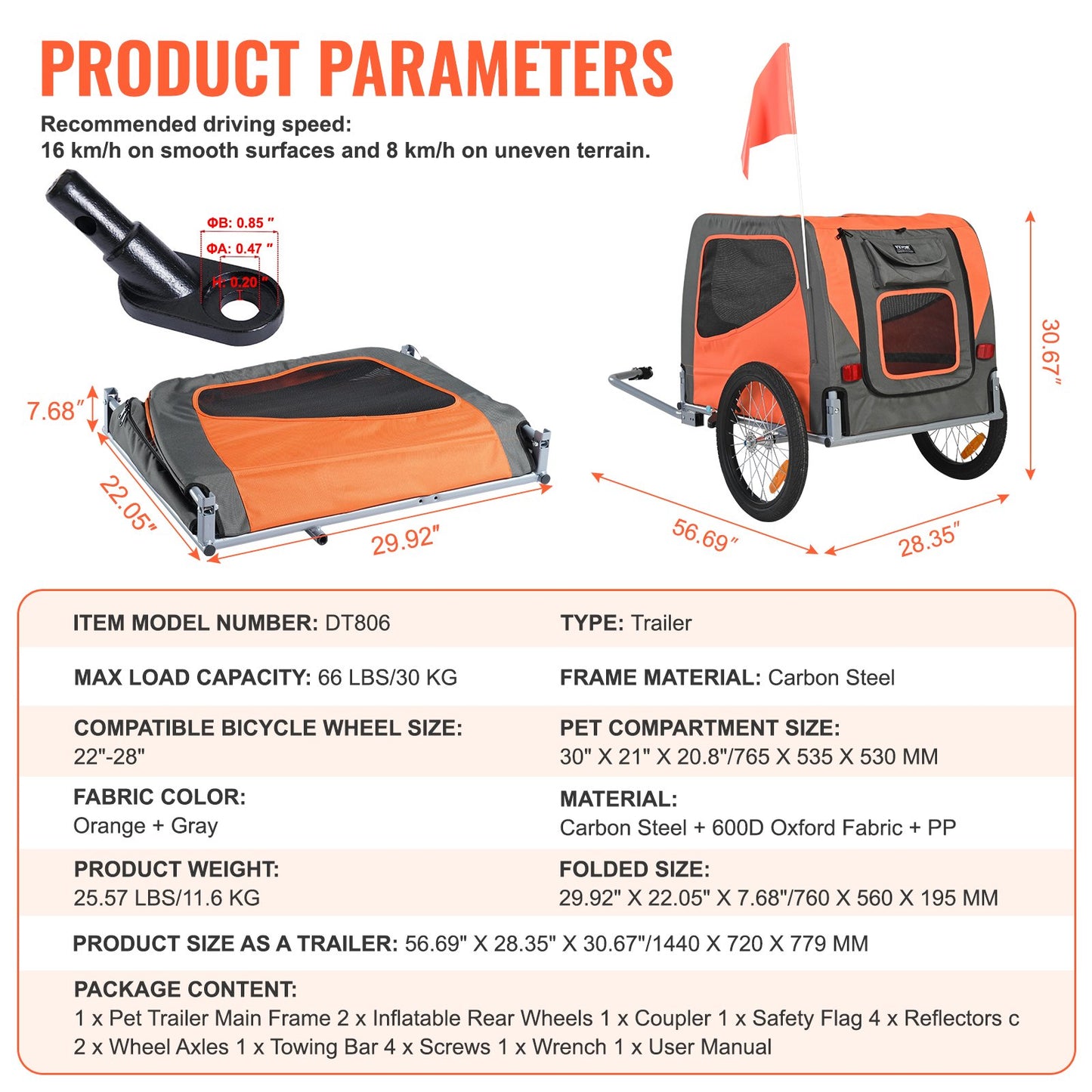 VEVOR Dog Bike Trailer, Supports up to 30 kg, Pet Cart Bicycle Carrier, Easy Folding