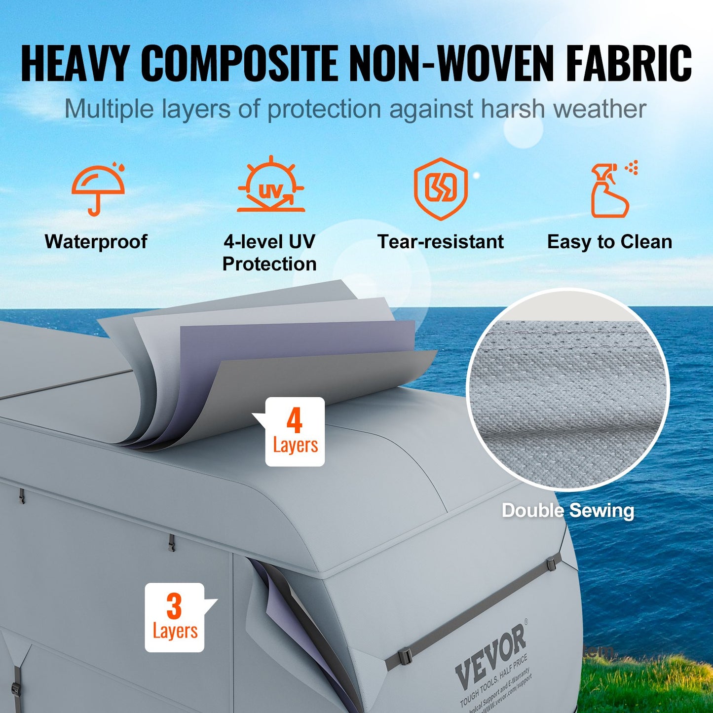 VEVOR Travel Trailer Cover, 7.3-7.9m RV Cover, 4-Layer Non-Woven Fabric Camper Cover,