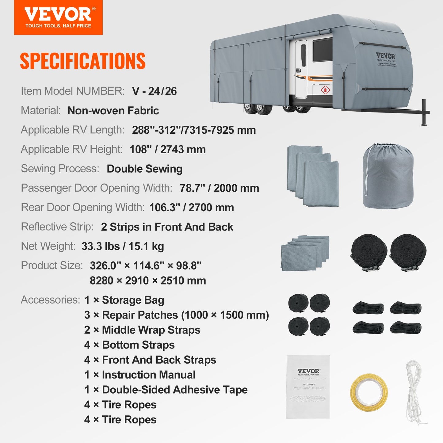 VEVOR Travel Trailer Cover, 7.3-7.9m RV Cover, 4-Layer Non-Woven Fabric Camper Cover,