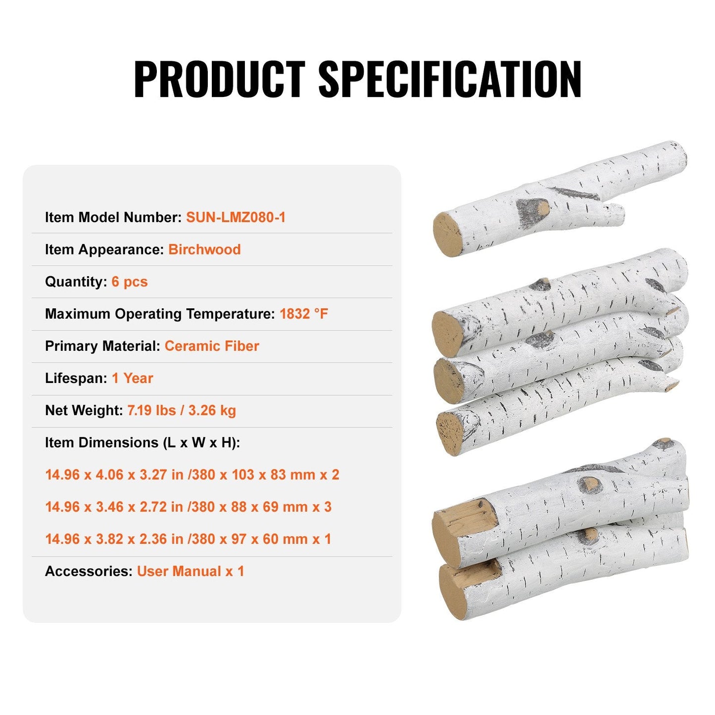 6-Piece Heat-Resistant Ceramic Birch Logs for Gas Fireplaces, Indoor/Outdoor Use