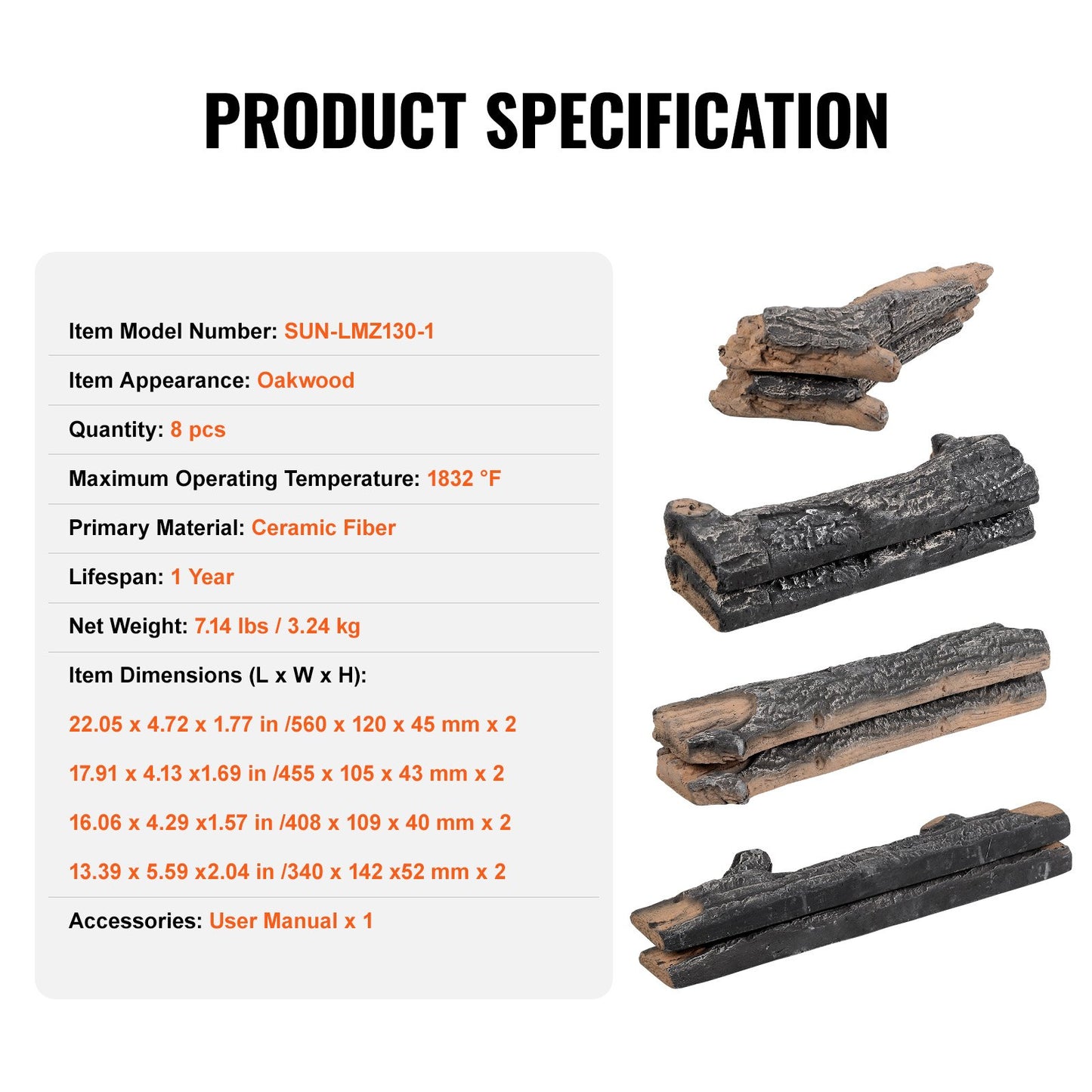 VEVOR 8 Pcs Oak Logs, Gas Fireplace Ceramic Logs for Fire place, Heat-Resistant