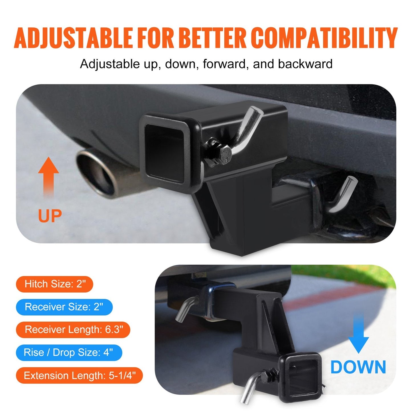 Trailer Hitch Riser for 2" Receiver, 0.1m Rise/Drop, 1814kg Towing Capacity