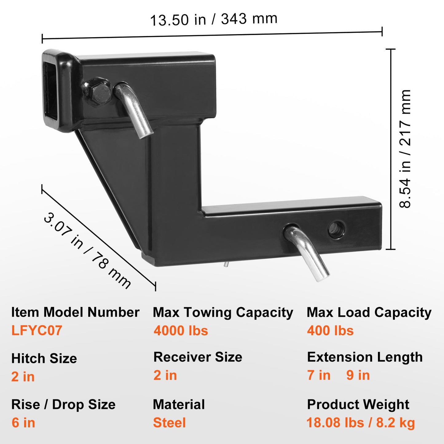VEVOR Trailer Hitch Riser, for 2" Receiver with 6" Rise/Drop, Trailer Receiver Hitch