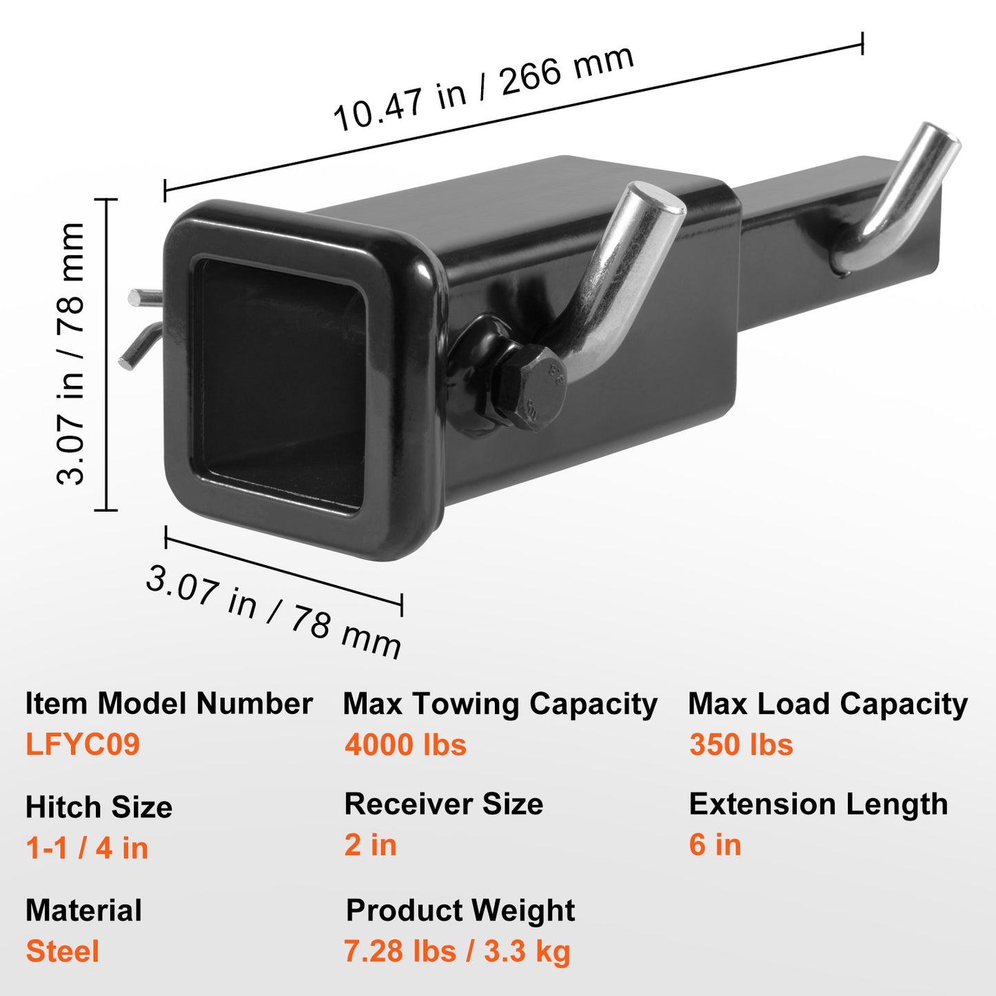 VEVOR Trailer Hitch Extender, 1-1/4" to 2" Receiver Hitch Adapter, Trailer Hitch