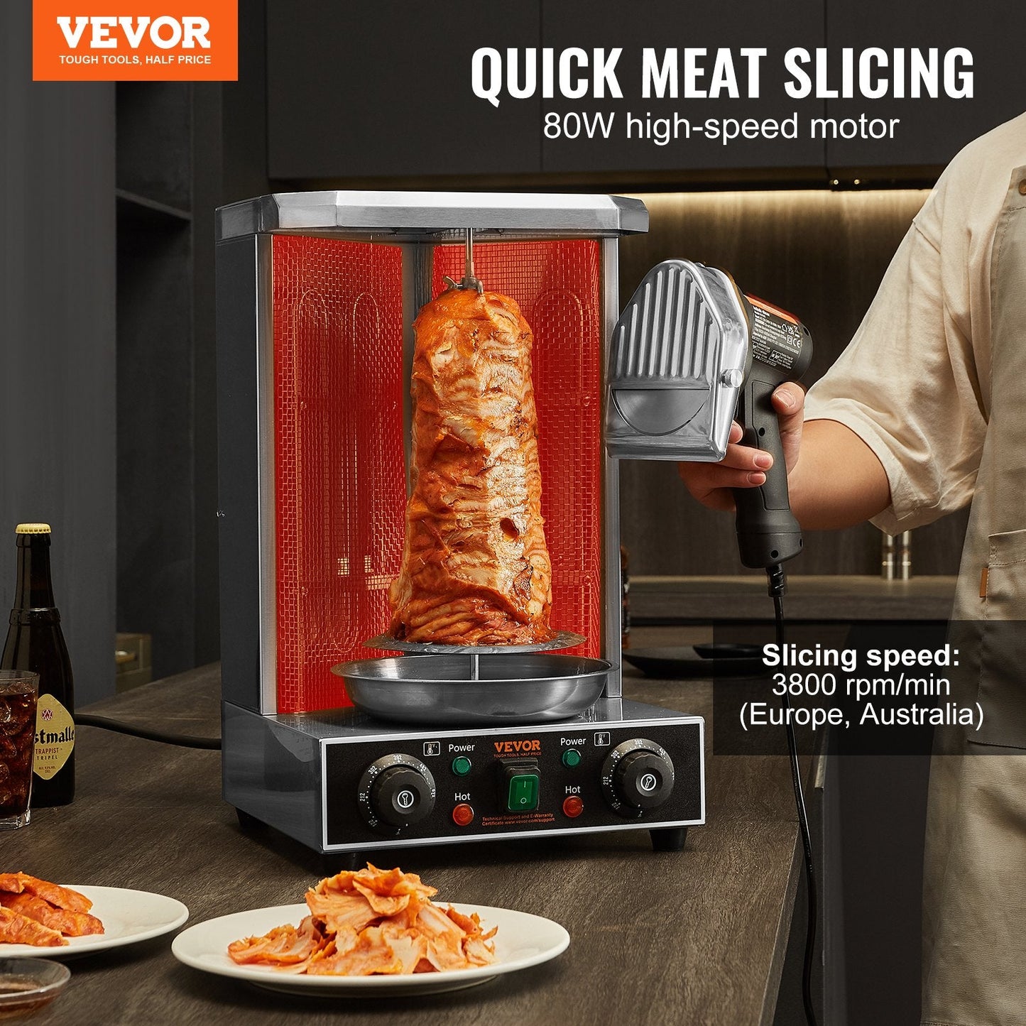 Electric Gyro Slicer, 80W Kebab Knife with Adjustable Thickness, 0-8mm, 100mm Blade