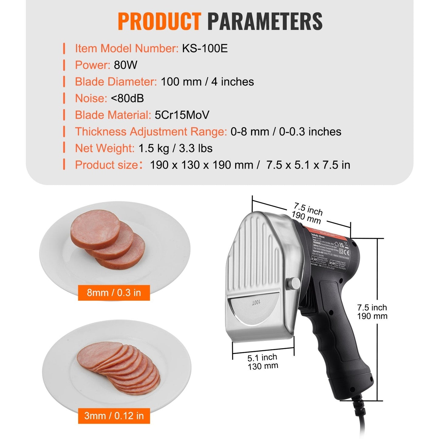 Electric Gyro Slicer, 80W Kebab Knife with Adjustable Thickness, 0-8mm, 100mm Blade