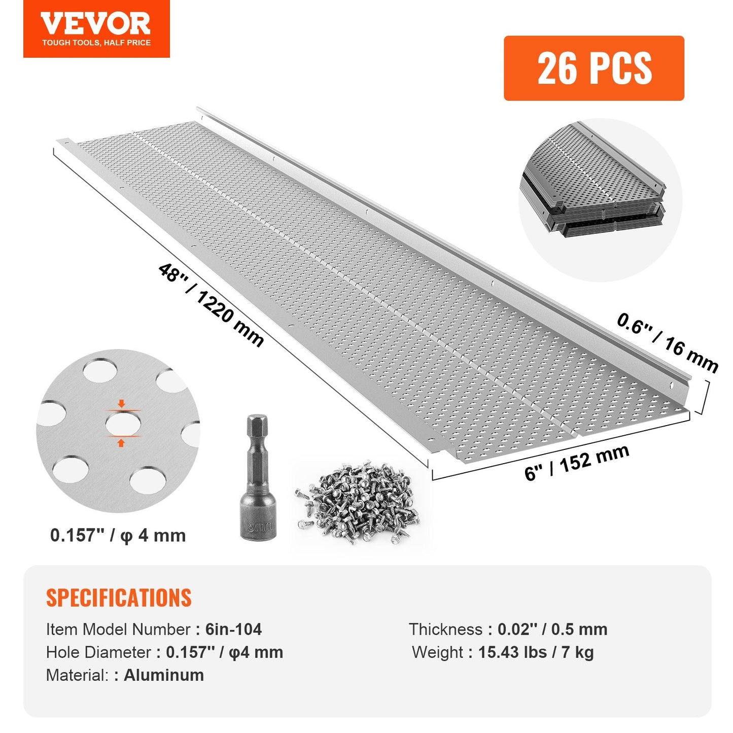 Aluminum Leaf Filter Gutter Guard, 152mm Width, 31.7m Total Length, 26 Pieces