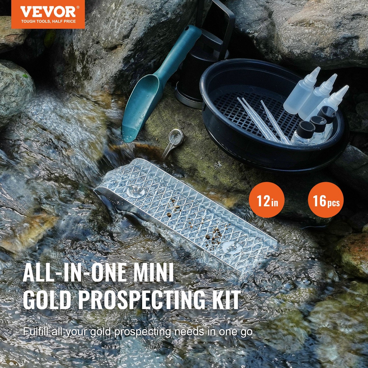 VEVOR Gold Panning Kit With Mini Sluice Box, 12" Aluminum Gold Mining Equipment,