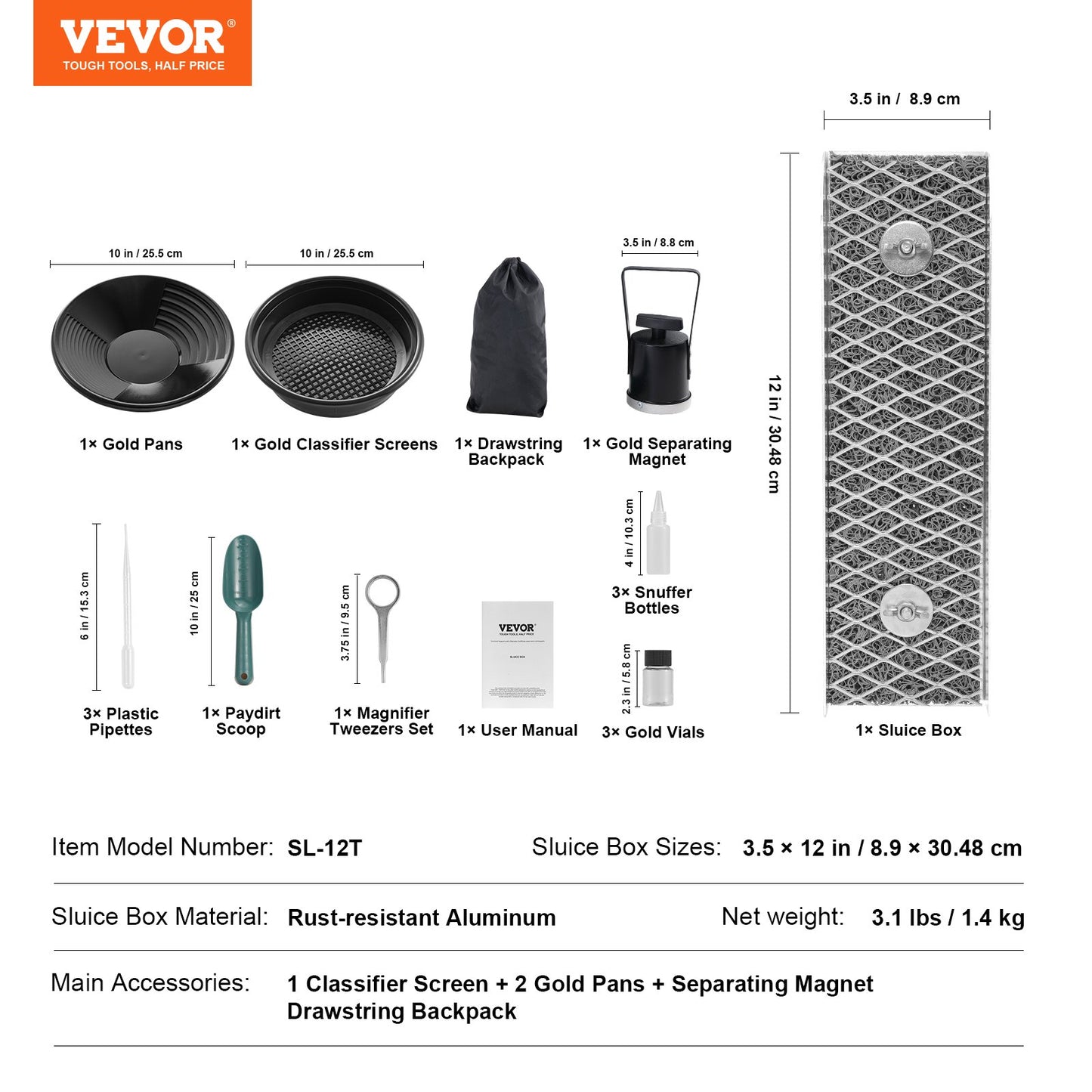 VEVOR Gold Panning Kit With Mini Sluice Box, 12" Aluminum Gold Mining Equipment,