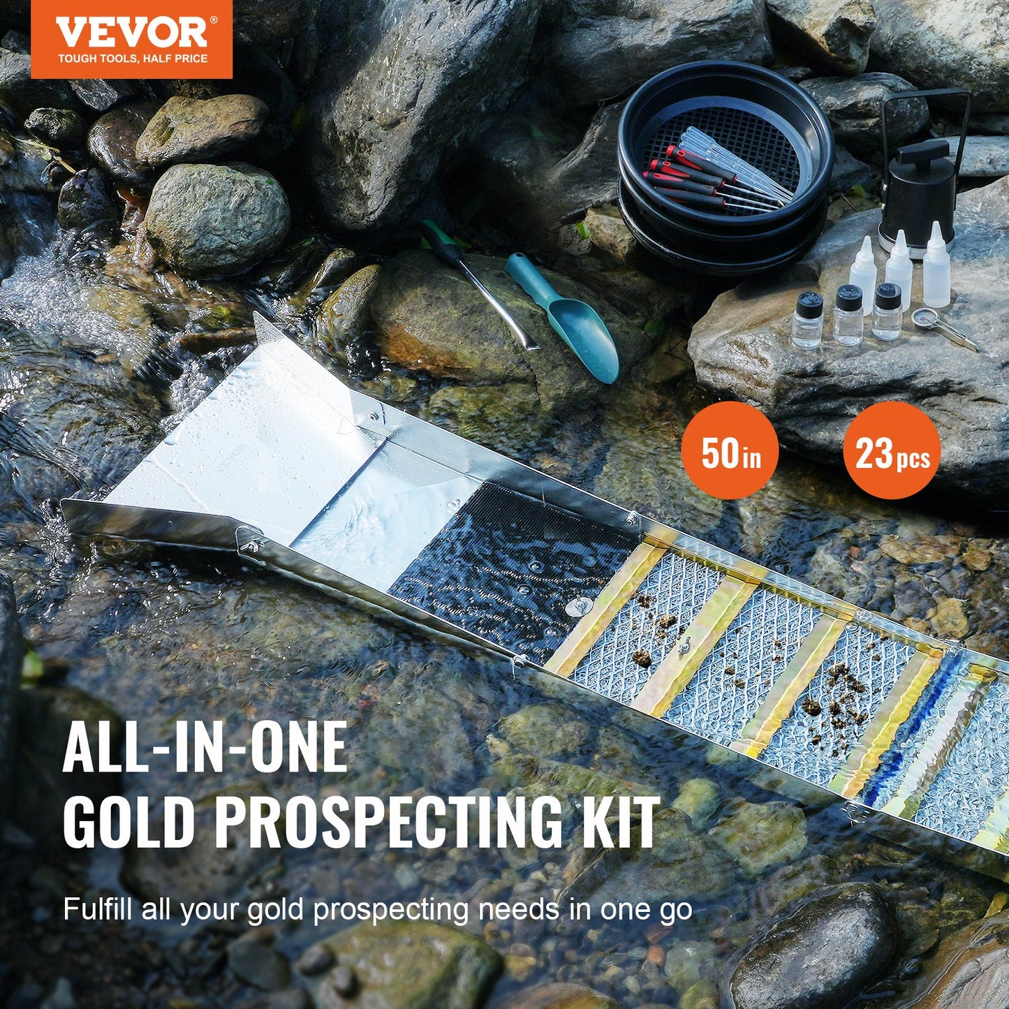 VEVOR Gold Panning Kit With Sluice Box, 50" Aluminum Gold Mining Equipment, 23 PCS