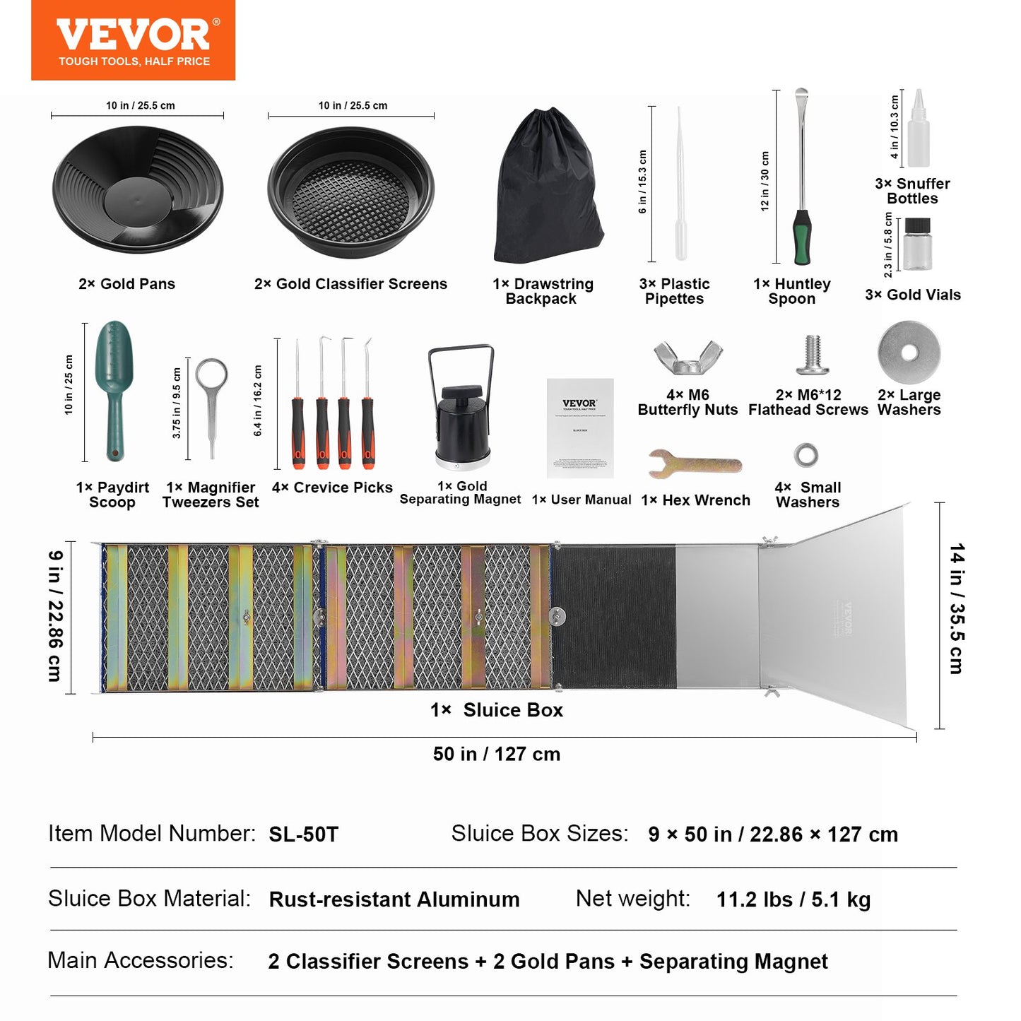 VEVOR Gold Panning Kit With Sluice Box, 50" Aluminum Gold Mining Equipment, 23 PCS