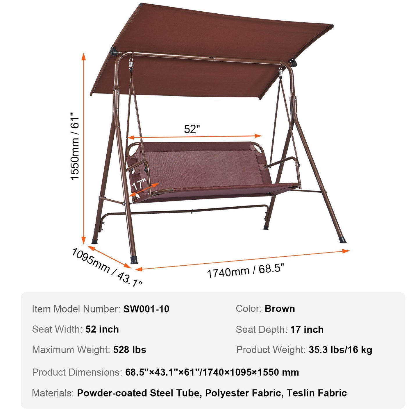 VEVOR 3-Person Patio Swing Chair, Outdoor Patio Swing with Adjustable Canopy, Porch