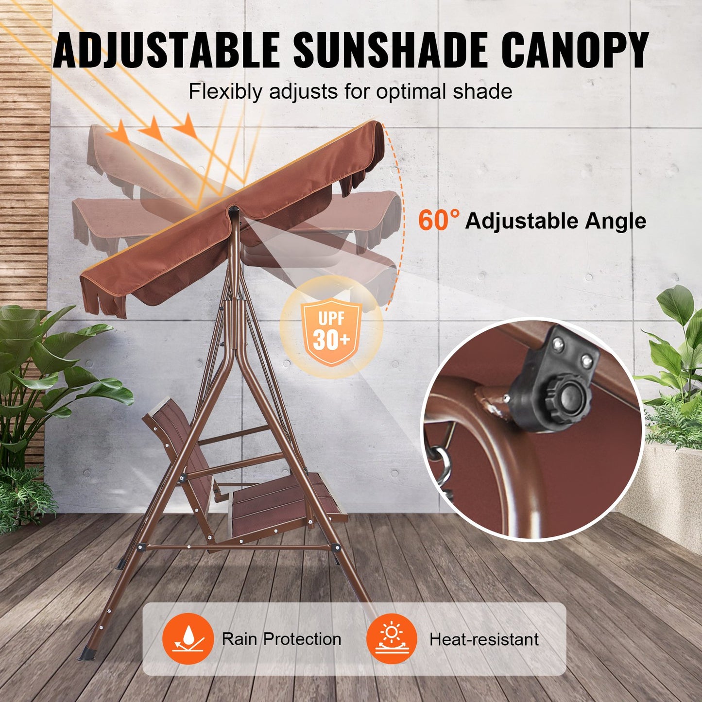 VEVOR 3-Seat Patio Swing Chair, Outdoor Patio Swing with Adjustable Canopy, Porch