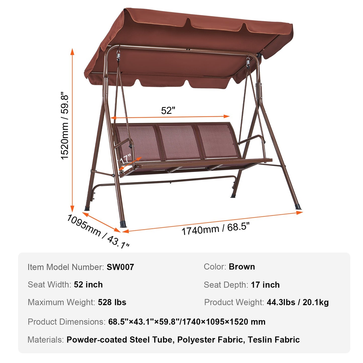 VEVOR 3-Seat Patio Swing Chair, Outdoor Patio Swing with Adjustable Canopy, Porch