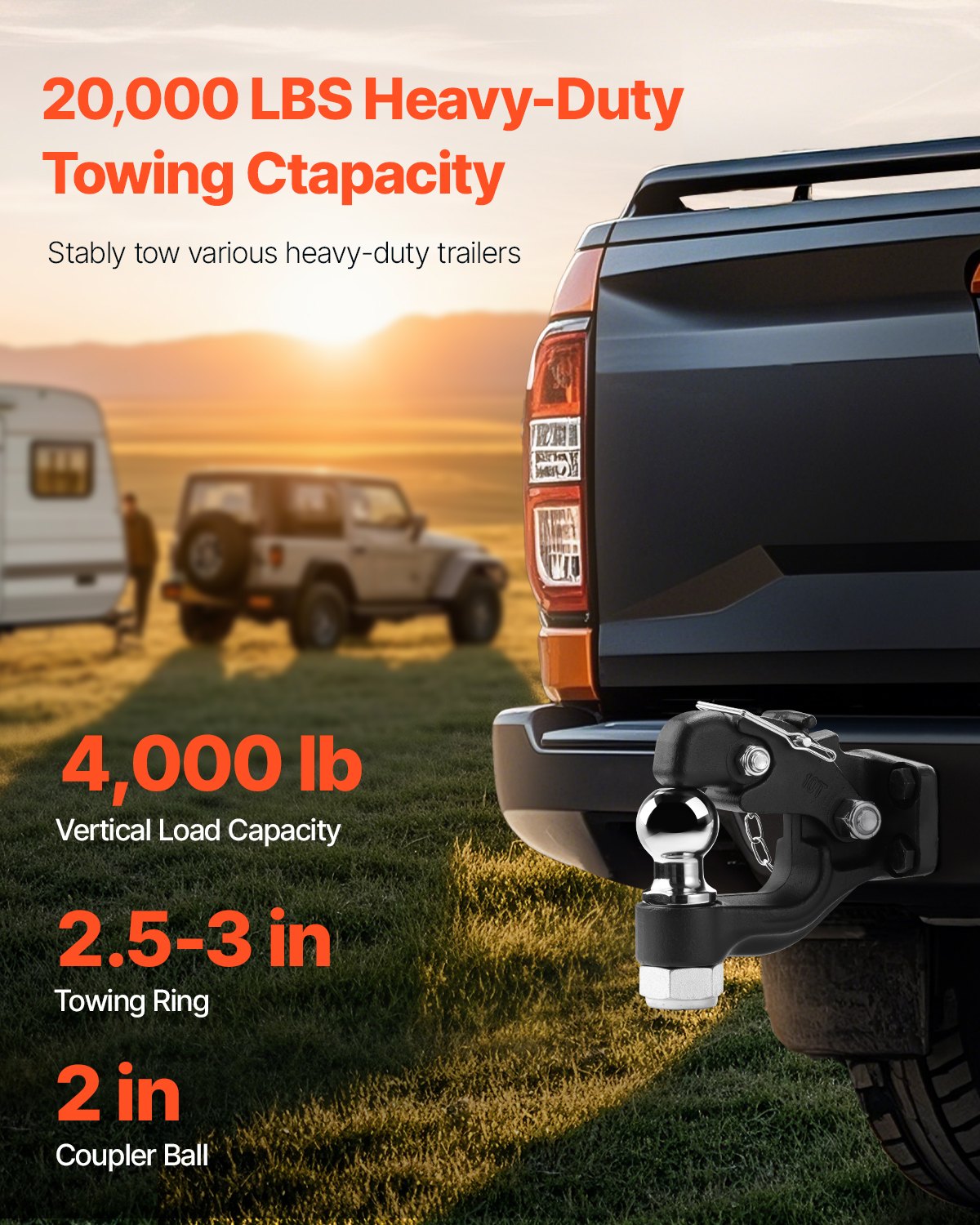 VEVOR Pintle Hitch Combination 50.4 mm Hitch Ball for 63.5-76.2 mm Lunette Ring