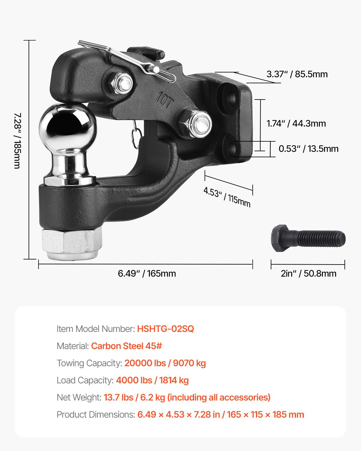 VEVOR Pintle Hitch Combination 50.4 mm Hitch Ball for 63.5-76.2 mm Lunette Ring