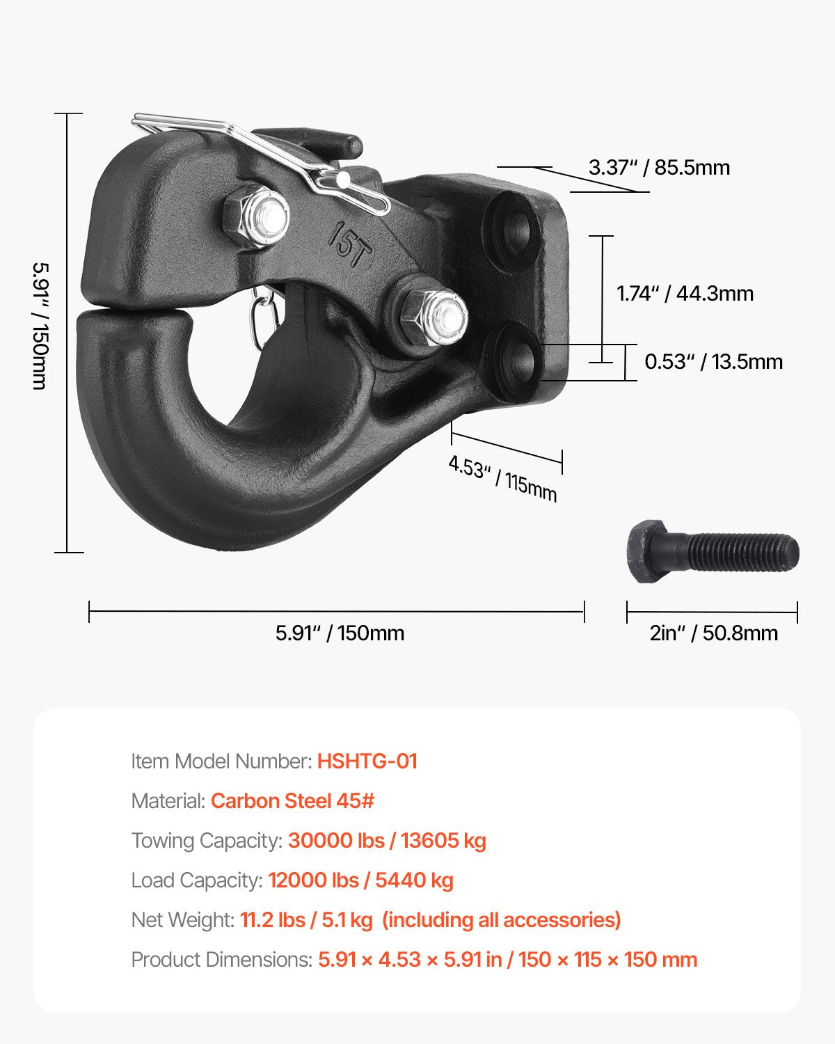 VEVOR Pintle Hitch Trailer Hitches Receiver for 63.5 to 76.2 mm Lunette Ring