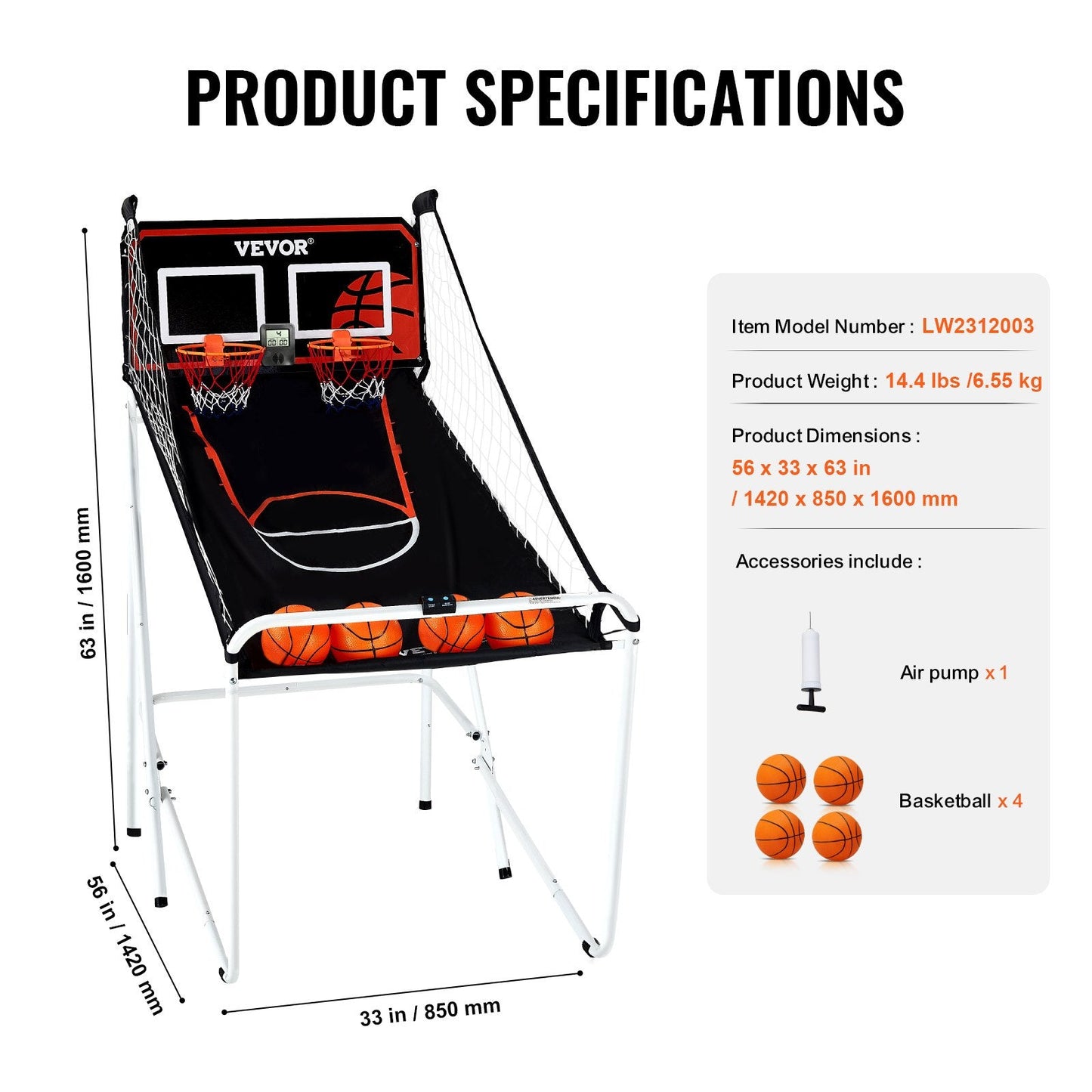 Foldable Dual Basketball Arcade Game with Electronic Scoreboard and 4 Balls
