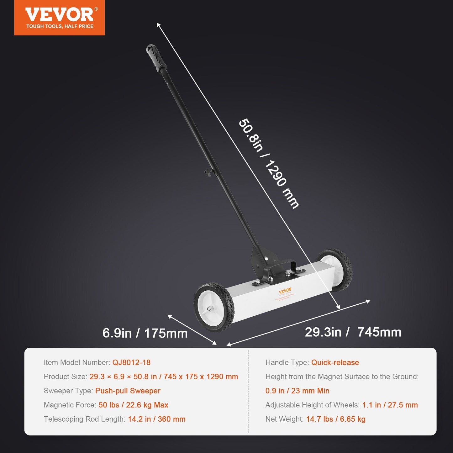 22.6 kg Push-Type Magnetic Sweeper with Telescoping Handle and Large Wheels
