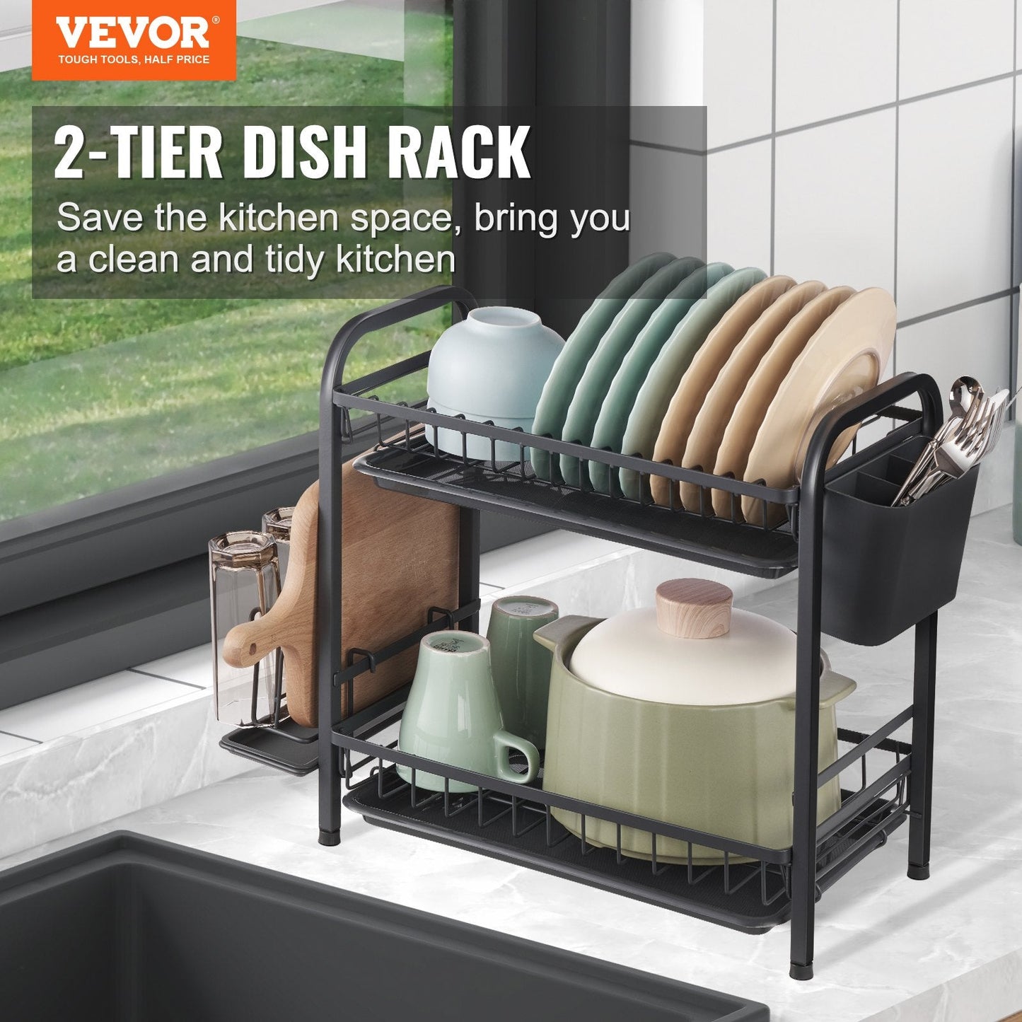 2-Tier Rustproof Carbon Steel Dish Drying Rack with Drainboard, Black