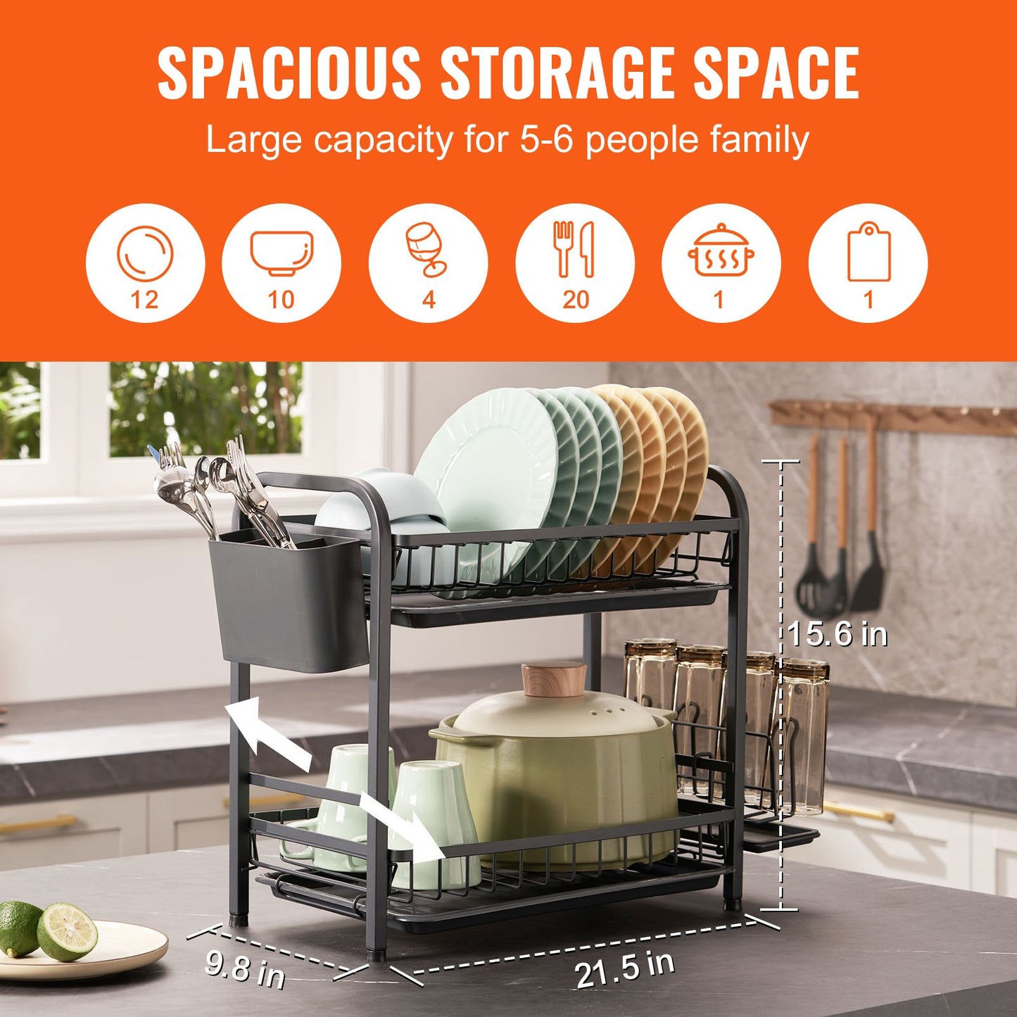 VEVOR Dish Drying Rack, 2 Tier Large Capacity Dish Drainers, Rustproof Carbon Steel
