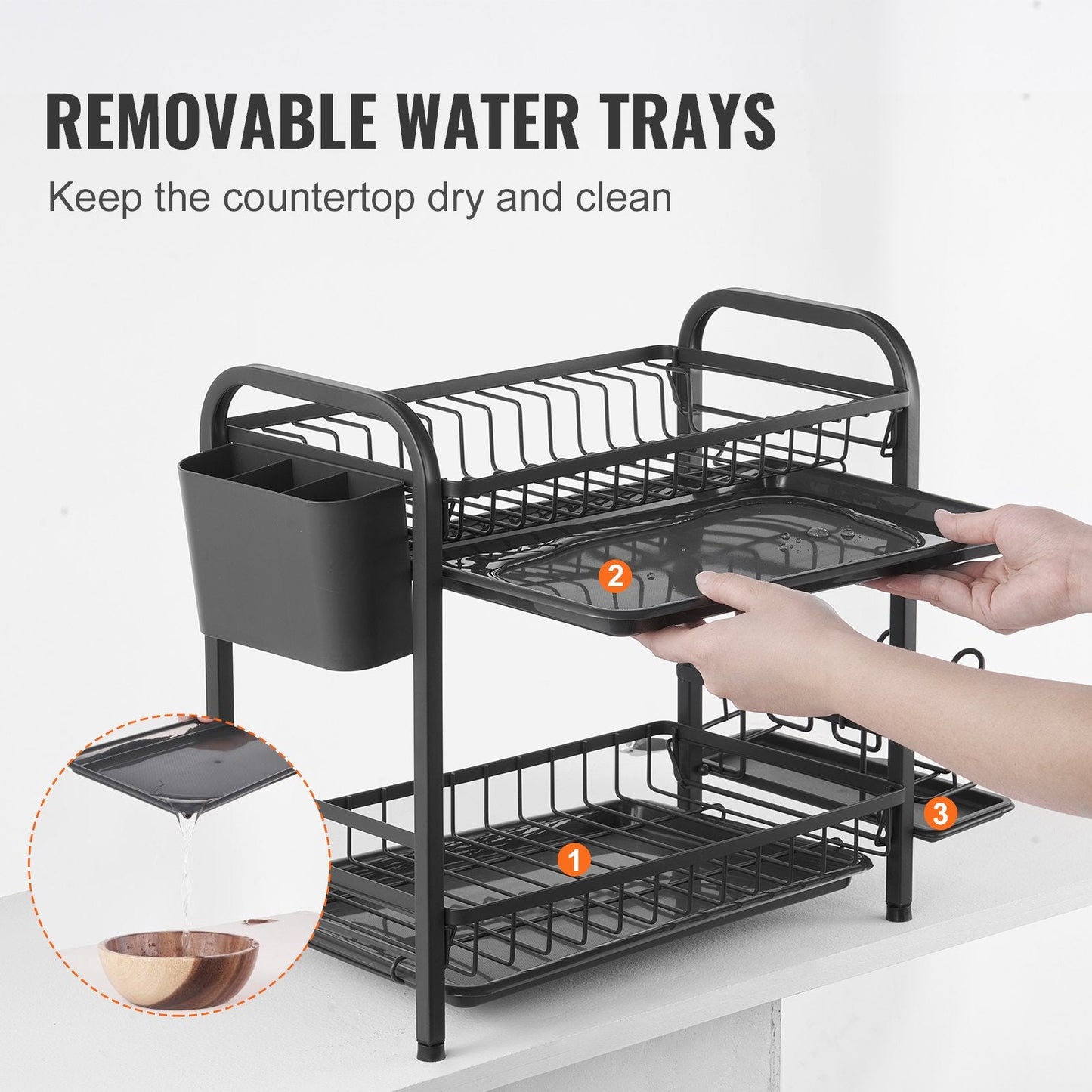 2-Tier Rustproof Carbon Steel Dish Drying Rack with Drainboard, Black