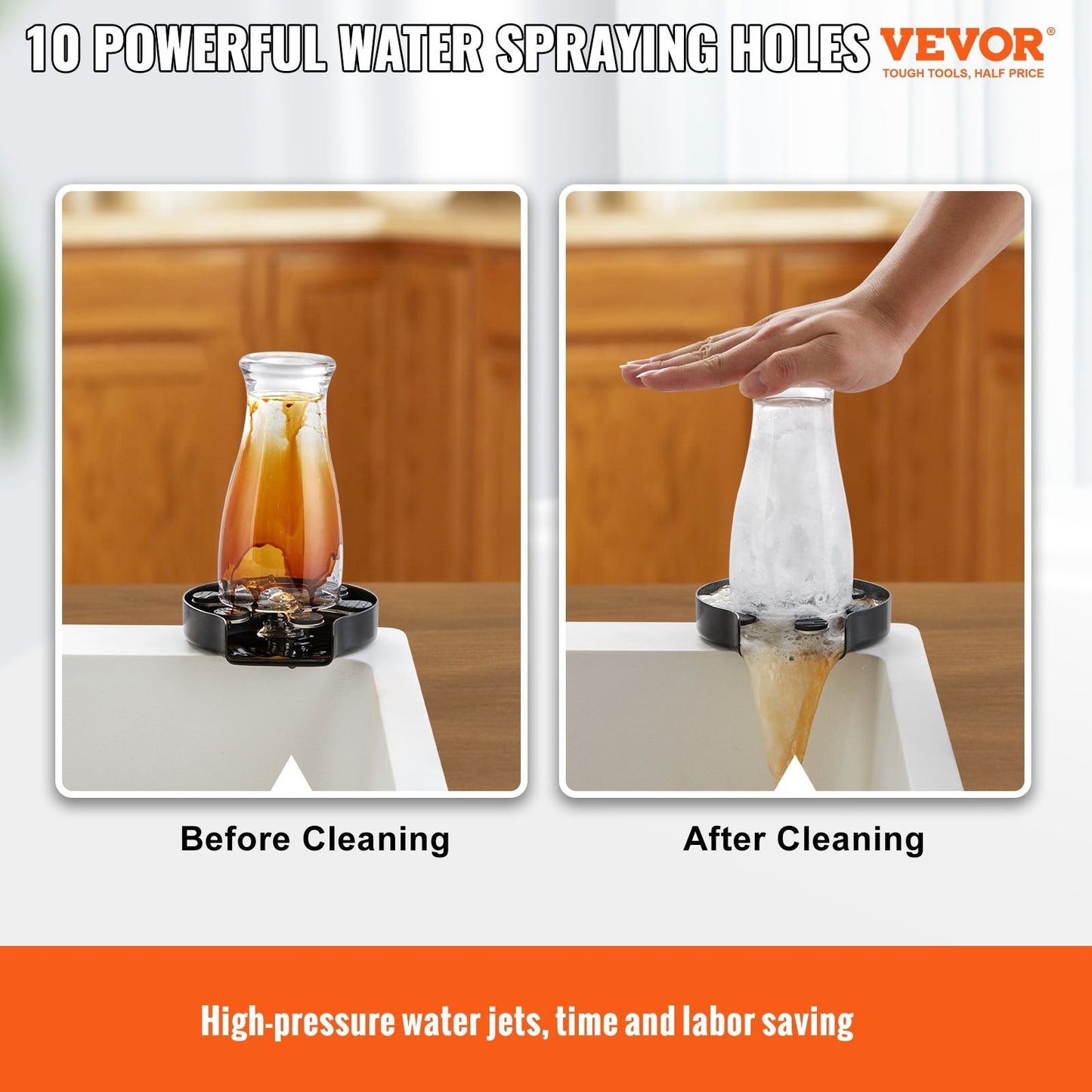 360° Rotating Glass Rinser with 10 Jets & Silicone Pad, Stainless Steel, Black