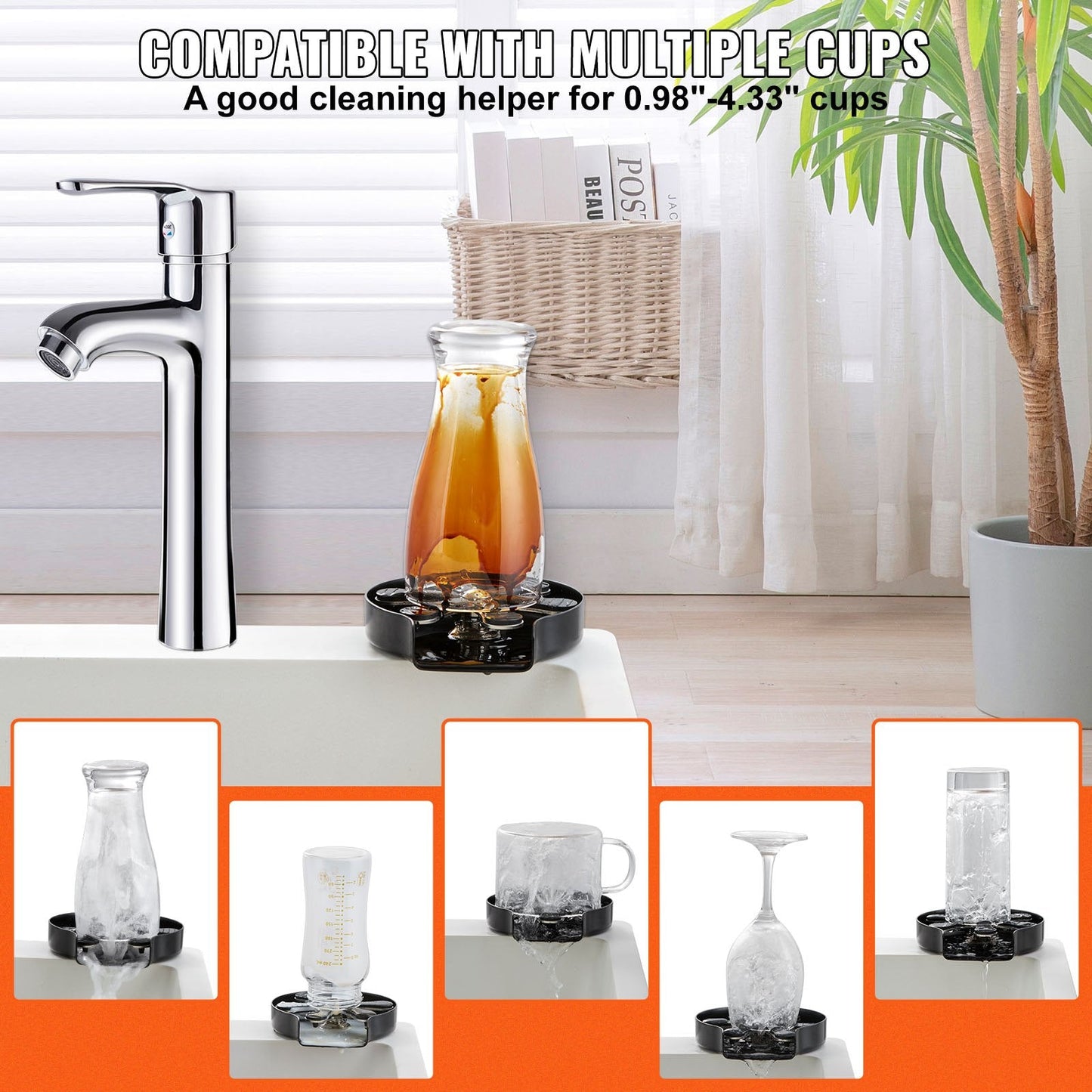 360° Rotating Glass Rinser with 10 Jets & Silicone Pad, Stainless Steel, Black