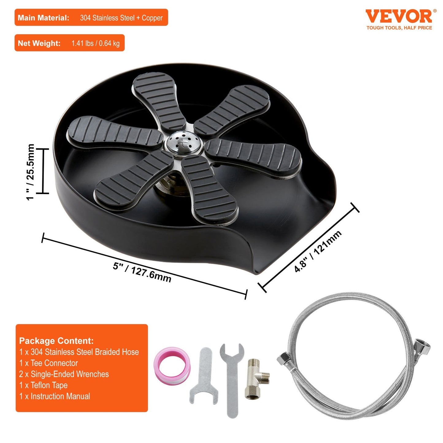 360° Rotating Glass Rinser with 10 Jets & Silicone Pad, Stainless Steel, Black