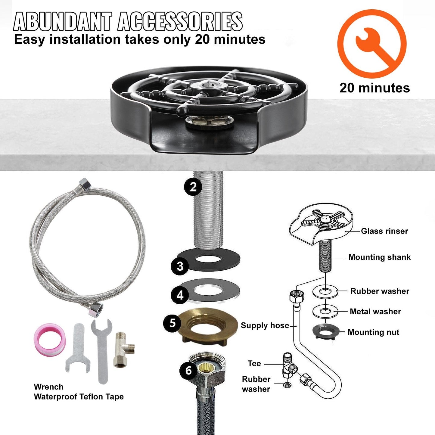 10-Hole 360° Rotating Glass Rinser with ABS Cup Holder, Stainless Steel