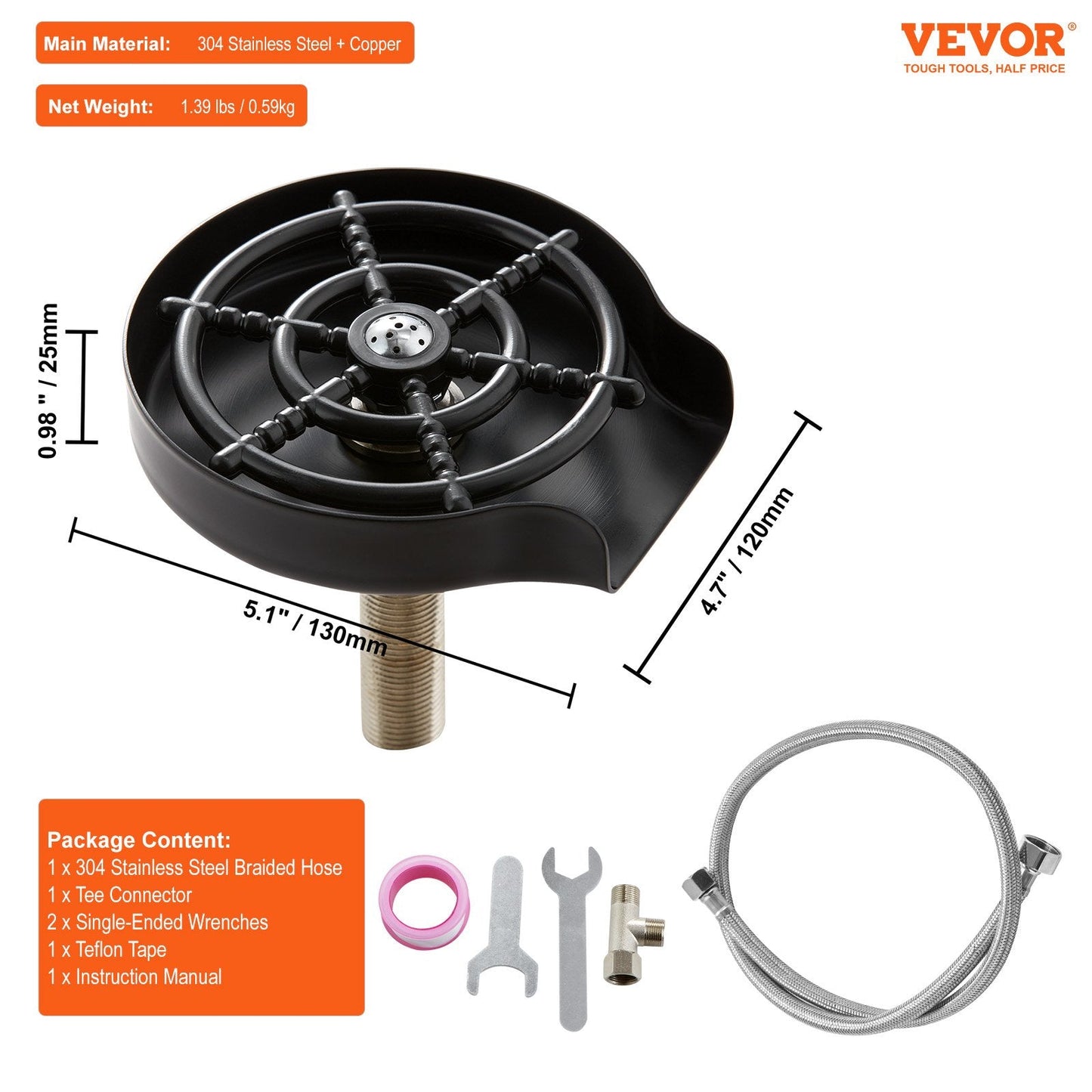 10-Hole 360° Rotating Glass Rinser with ABS Cup Holder, Stainless Steel