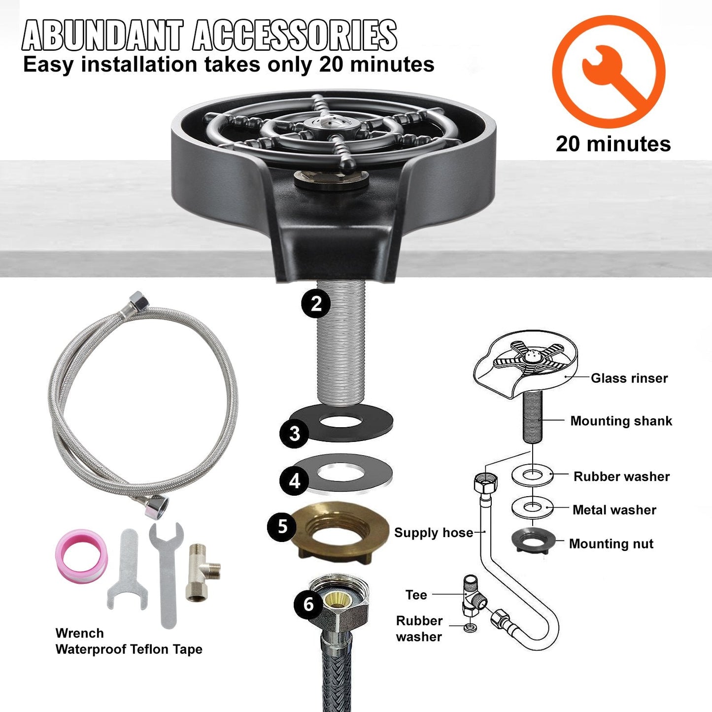 360° Rotating Glass Rinser with 10 Jets for Kitchen Sink, Durable & Efficient