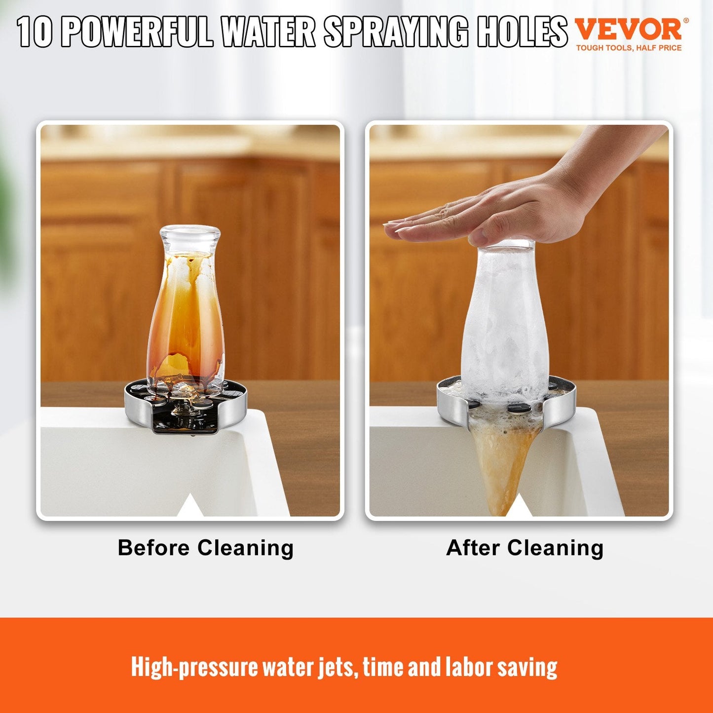 Glass Rinser with 10 Jets, 360° Rotating, Stainless Steel, for Sink Use