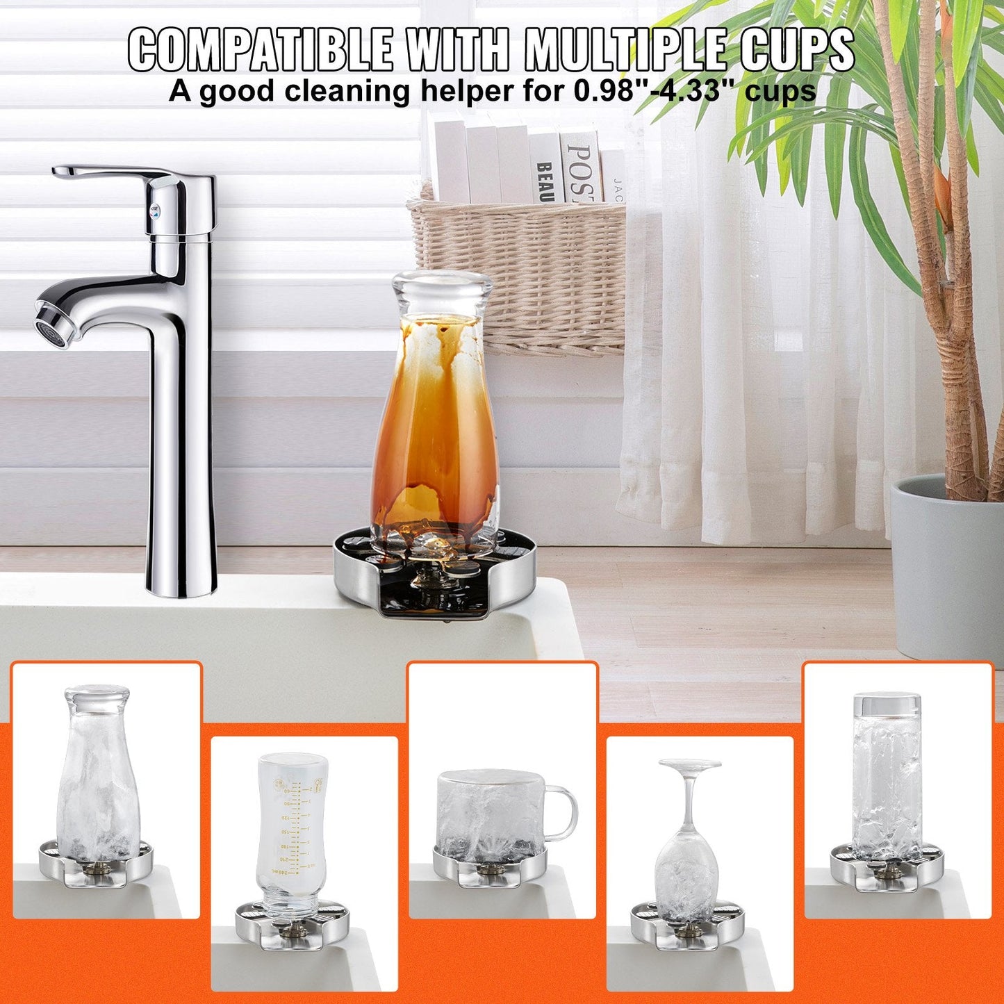 Glass Rinser with 10 Jets, 360° Rotating, Stainless Steel, for Sink Use