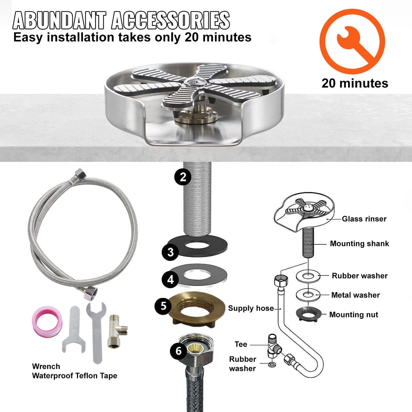 Glass Rinser with 10 Jets, 360° Rotating, Stainless Steel, for Sink Use