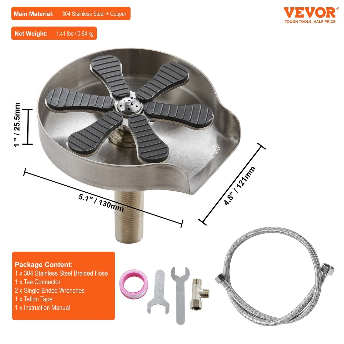 Glass Rinser with 10 Jets, 360° Rotating, Stainless Steel, for Sink Use