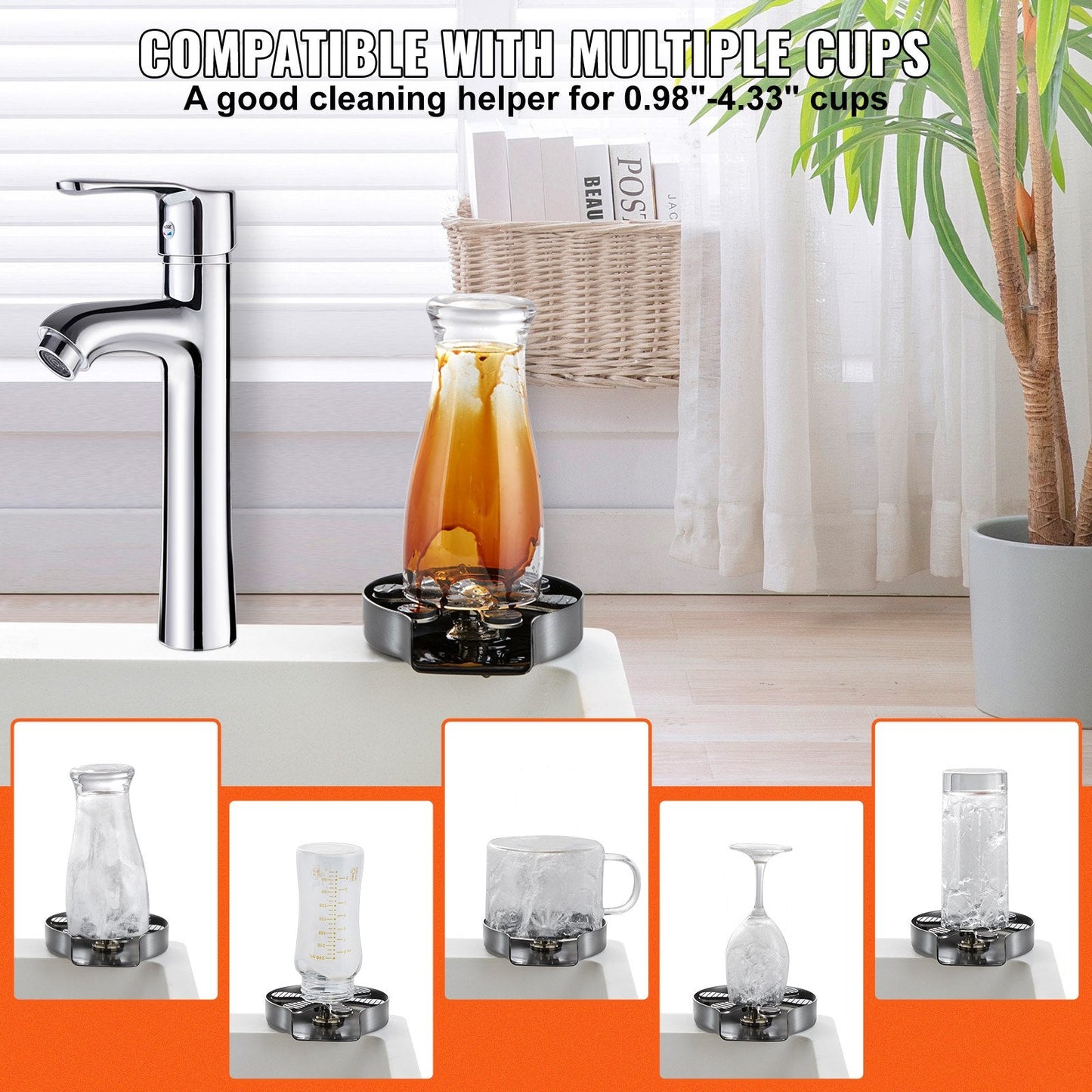 Rotating Glass Rinser with 10 Jets, Stainless Steel, for Sinks and Baby Bottles