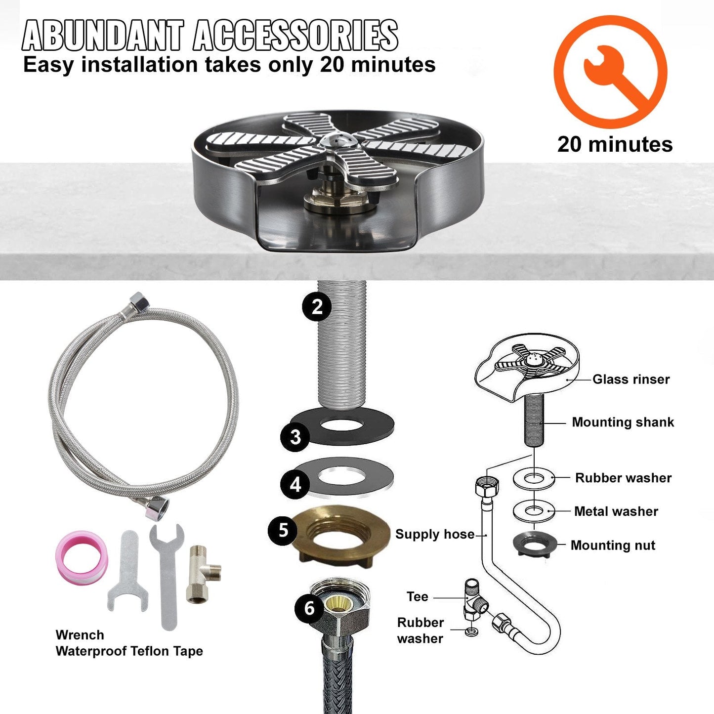 Rotating Glass Rinser with 10 Jets, Stainless Steel, for Sinks and Baby Bottles