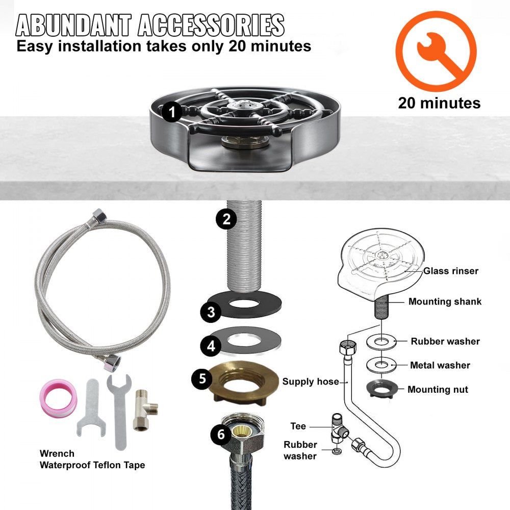 VEVOR Glass Rinser 10-Hole 360° Rotating Stainless Steel Washer ABS Cup Holder