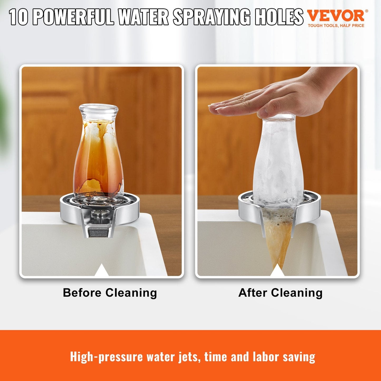 Powerful 360° Rotating Glass Rinser with 10 Jets for Kitchen Sink, Silver Grey Base