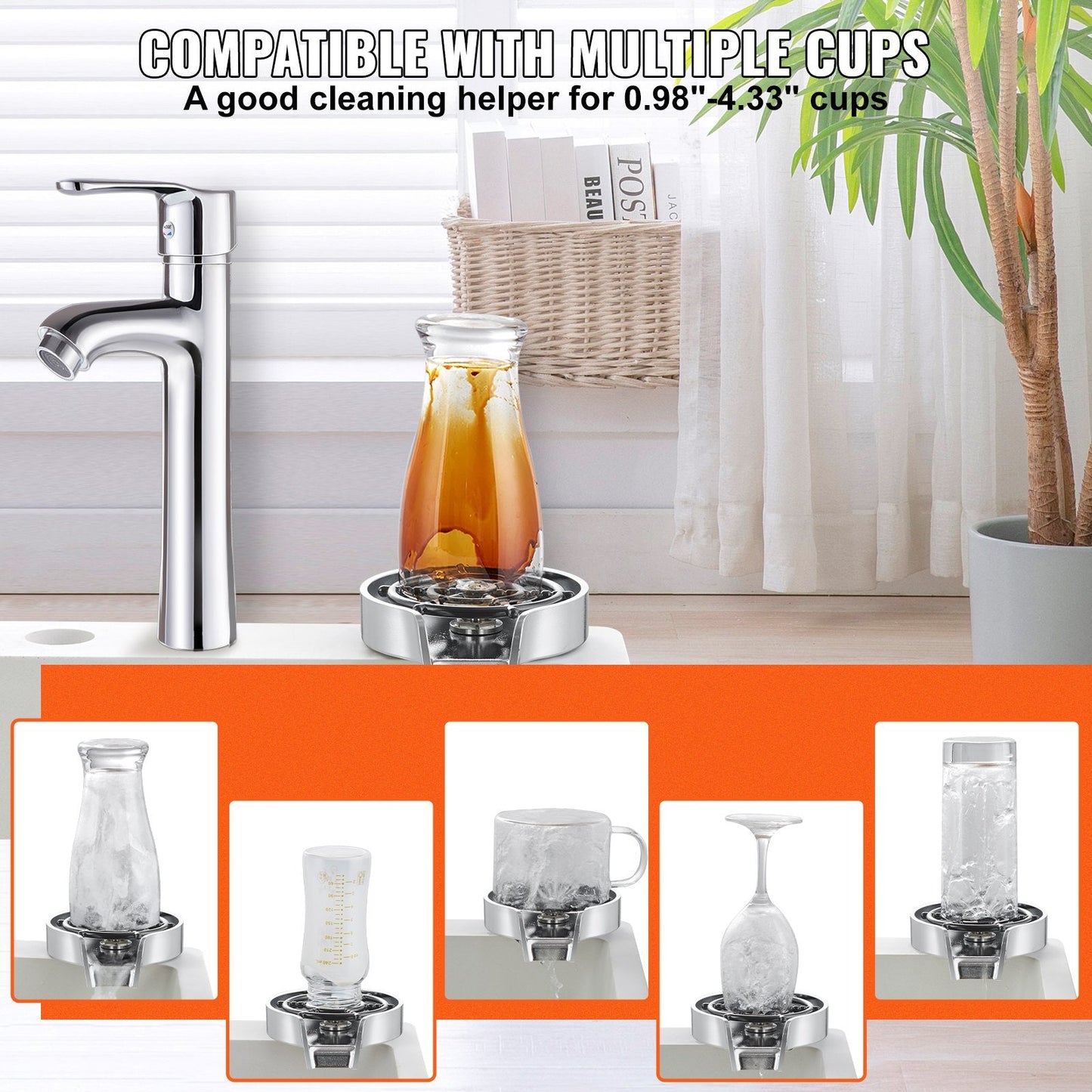 Powerful 360° Rotating Glass Rinser with 10 Jets for Kitchen Sink, Silver Grey Base