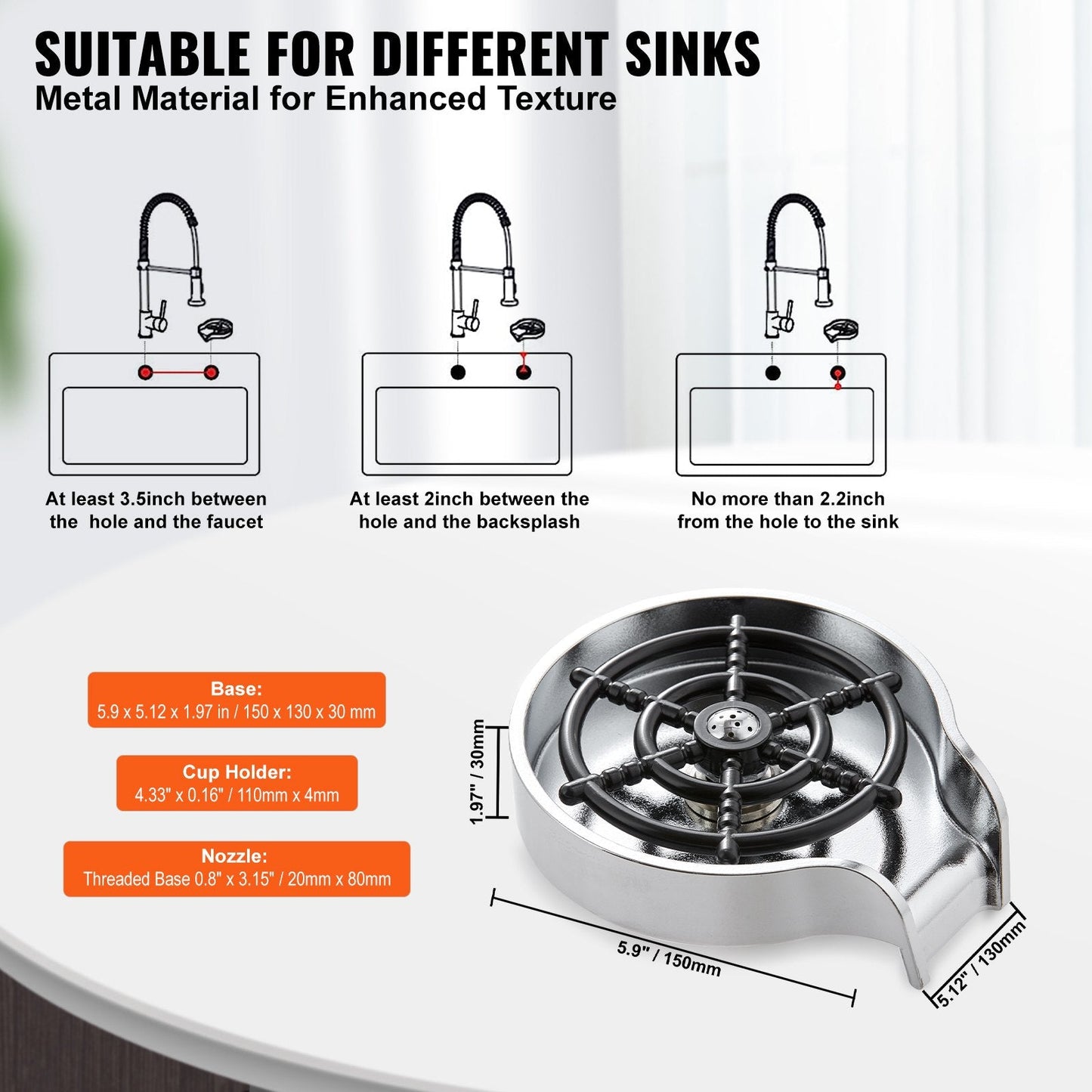 Powerful 360° Rotating Glass Rinser with 10 Jets for Kitchen Sink, Silver Grey Base