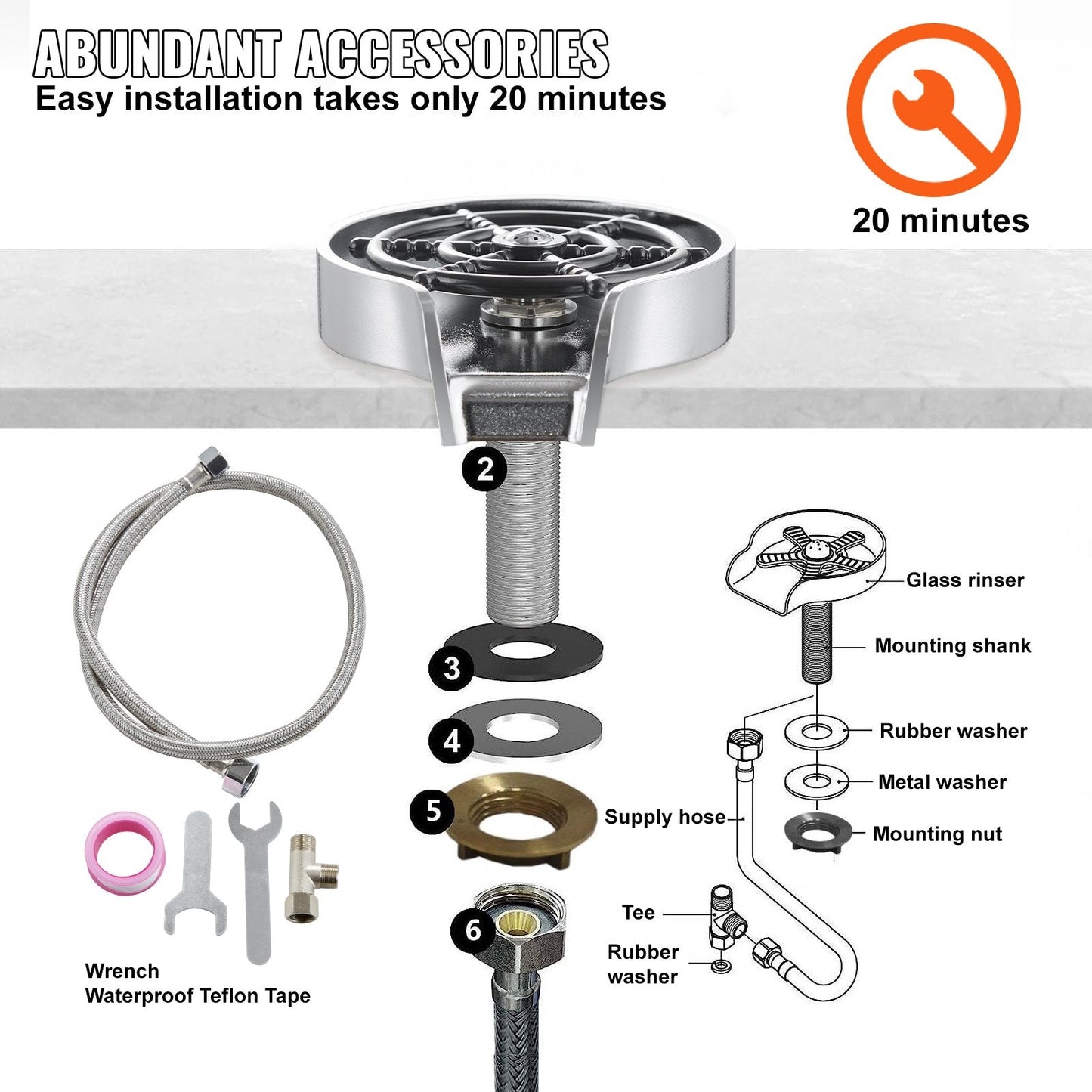 Powerful 360° Rotating Glass Rinser with 10 Jets for Kitchen Sink, Silver Grey Base