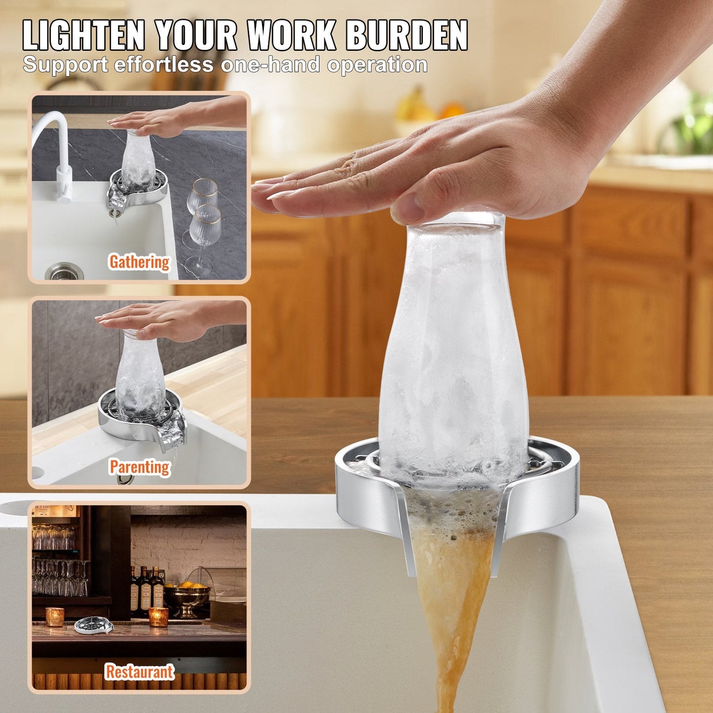 Powerful 360° Rotating Glass Rinser with 10 Jets for Kitchen Sink, Silver Grey Base