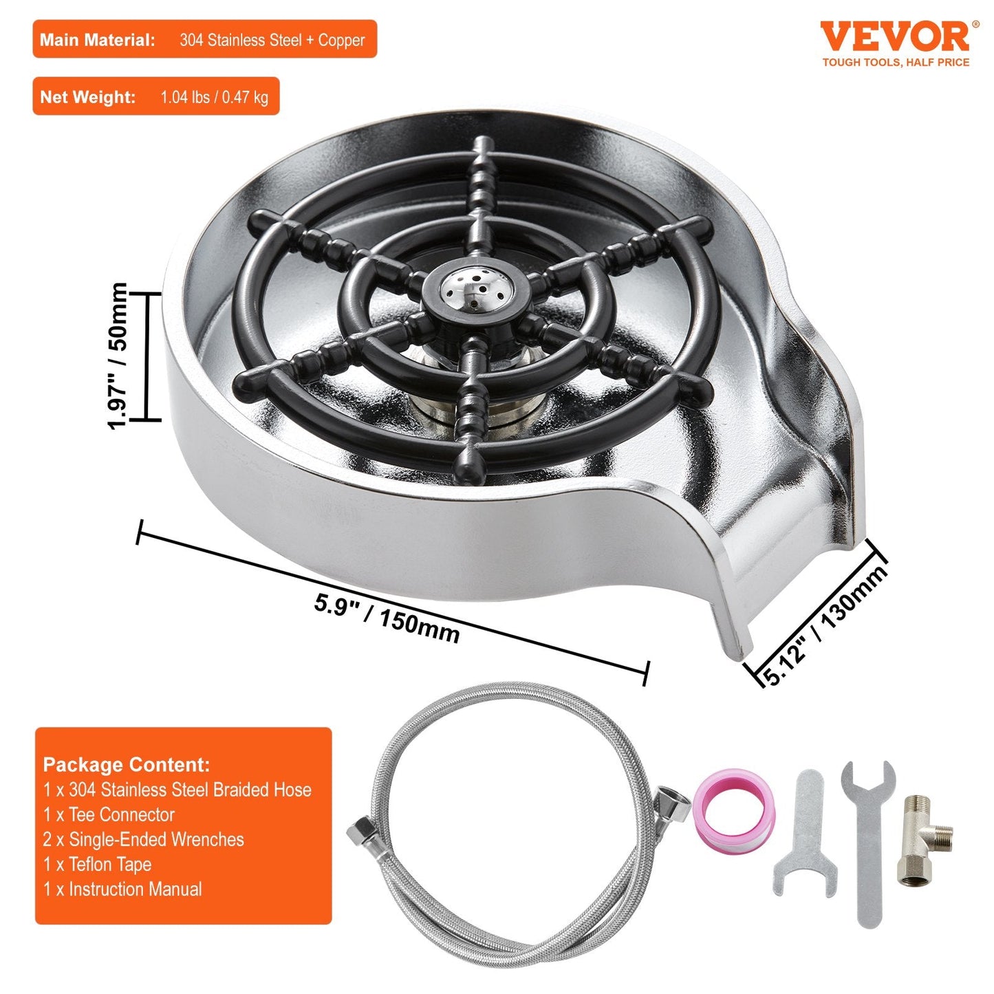 Powerful 360° Rotating Glass Rinser with 10 Jets for Kitchen Sink, Silver Grey Base