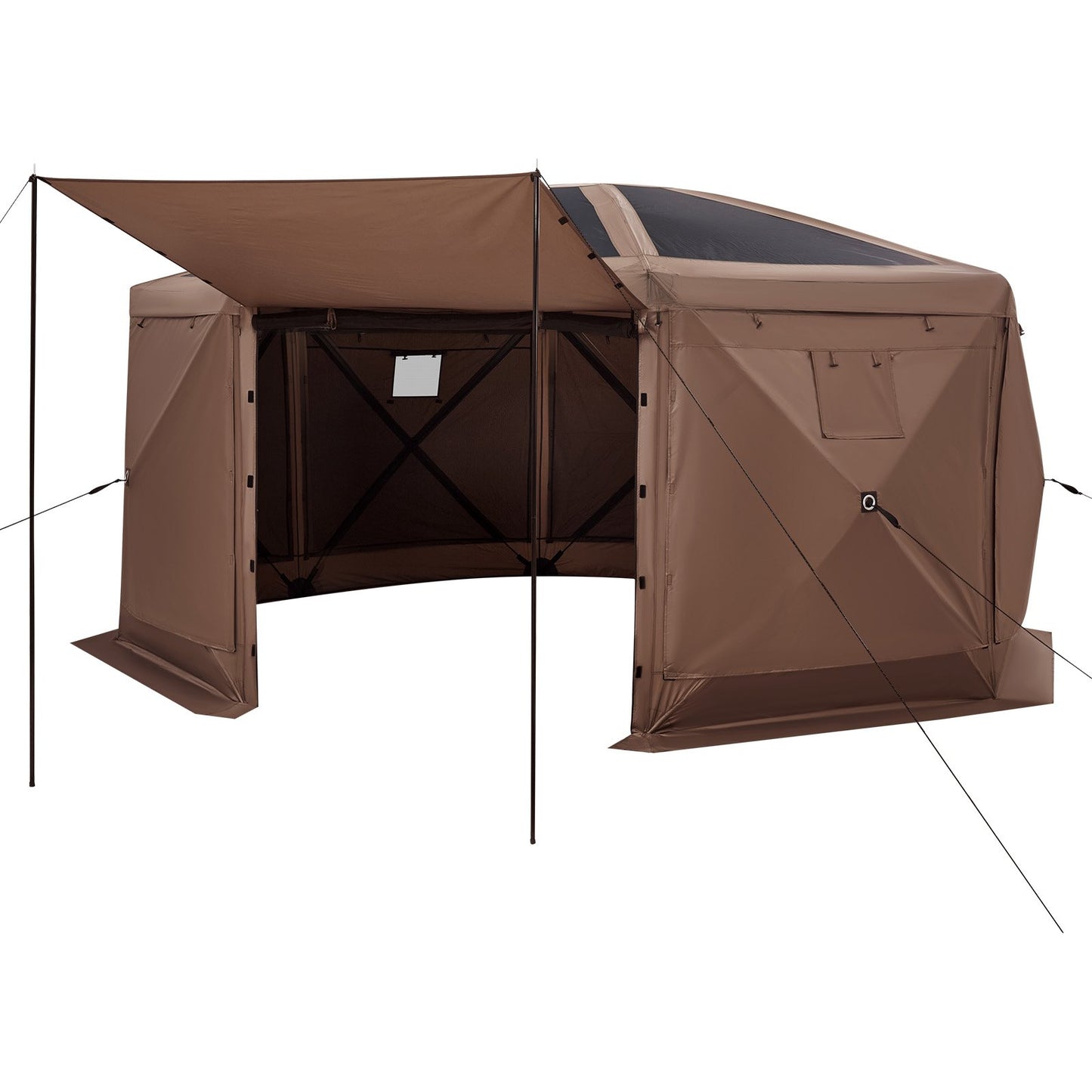 Pop up Gazebo Screen Tent, 4.57x4.57 m Large 8-Sided Camping Canopy Tent with Removable Top & Carry Bag, Quick-Set & Bite-Proof, Screen House Sun Shelter for 12-15 Persons Backyard Patio, Brown