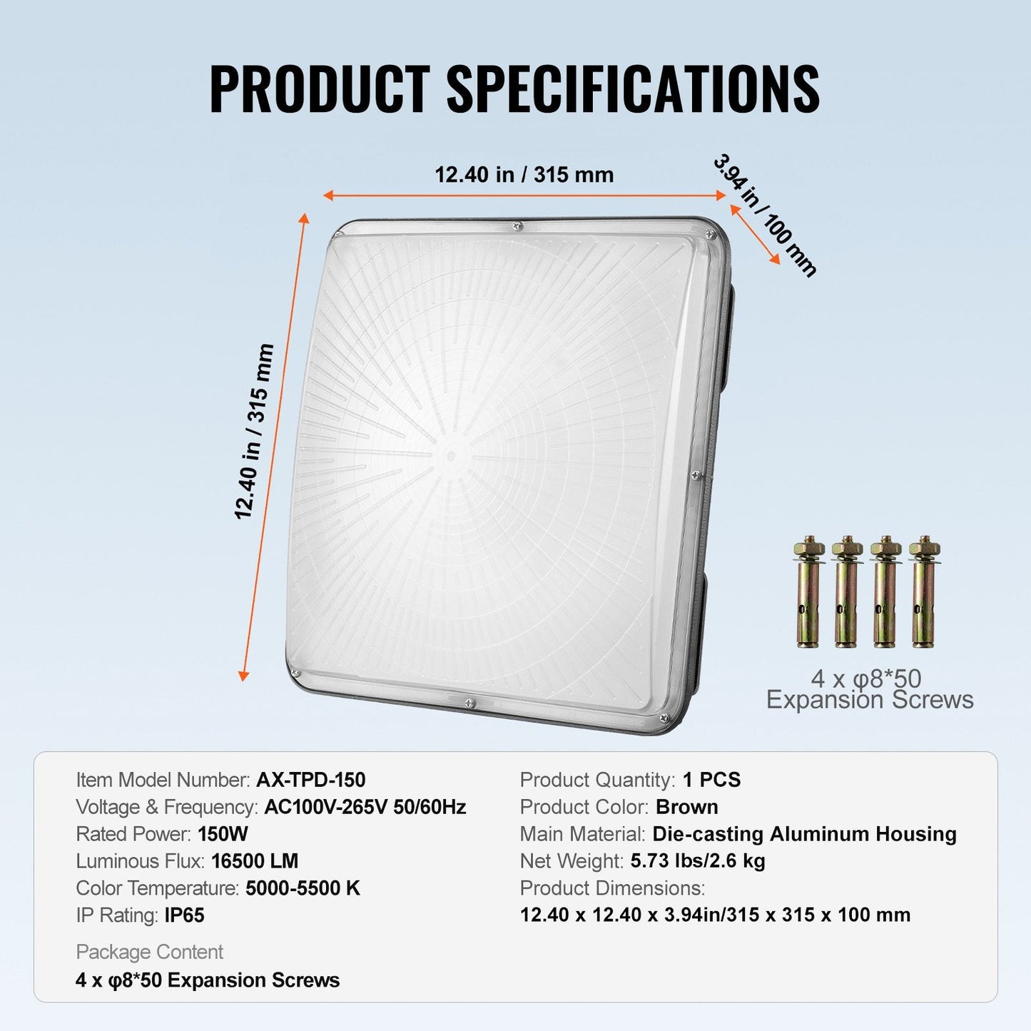 150W LED Canopy Light, 16,500LM, 5000K, Outdoor, IP65, 0.315m Square, 2.6kg