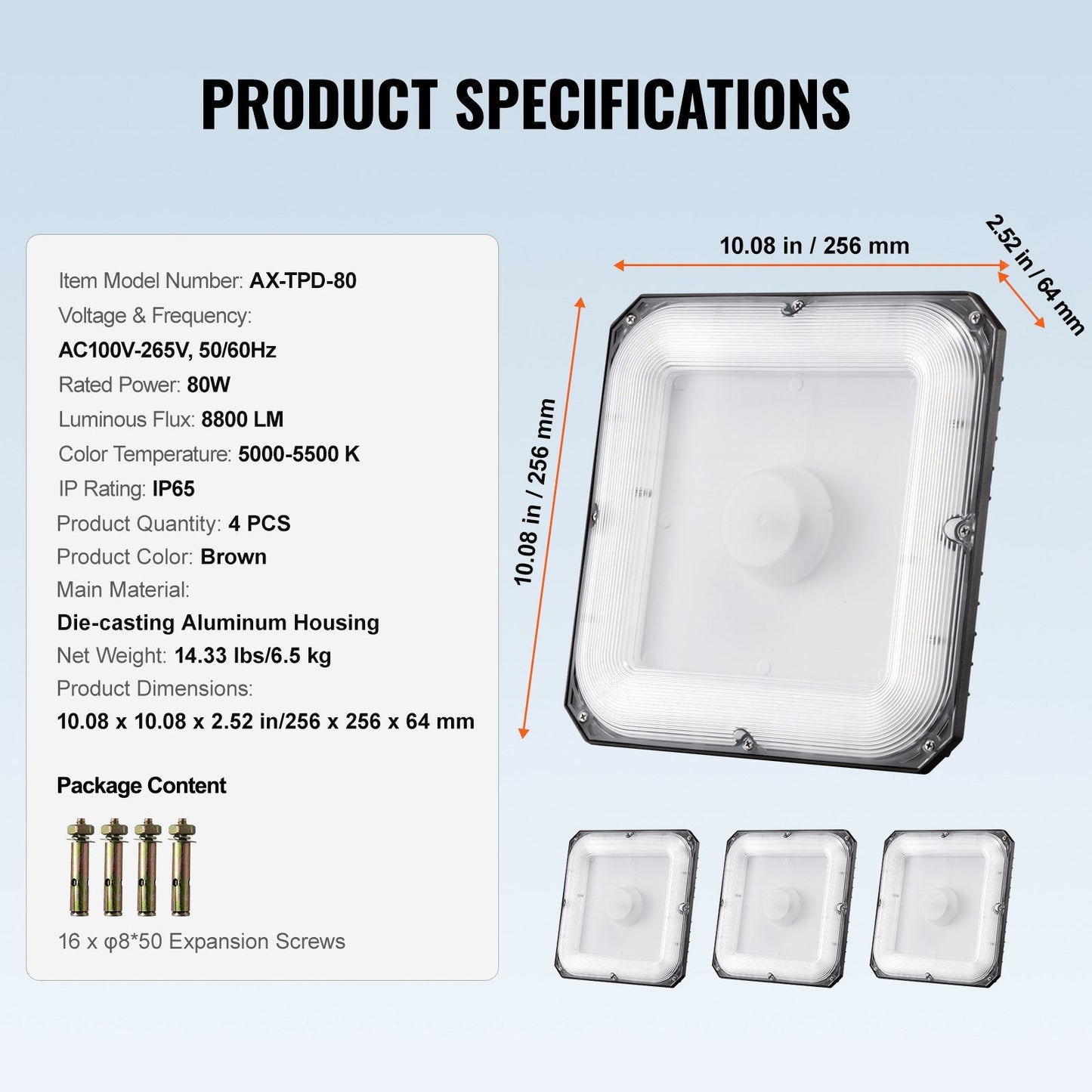 4 Pack 80W LED Canopy Lights, 8800LM, 5000K, IP65 Waterproof, Outdoor Use