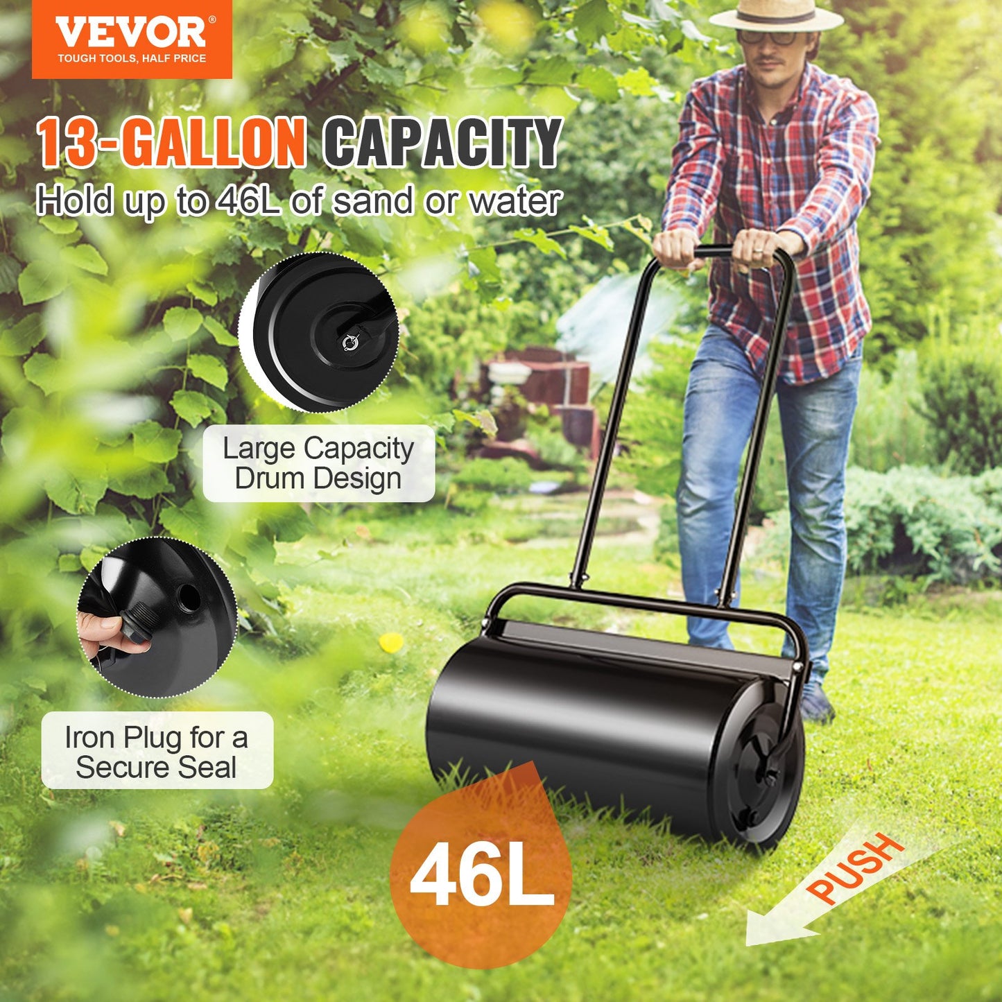 VEVOR Lawn Roller, 13 Gallon 24Inch Sand/Water Filled Yard Roller, Steel Sod Roller